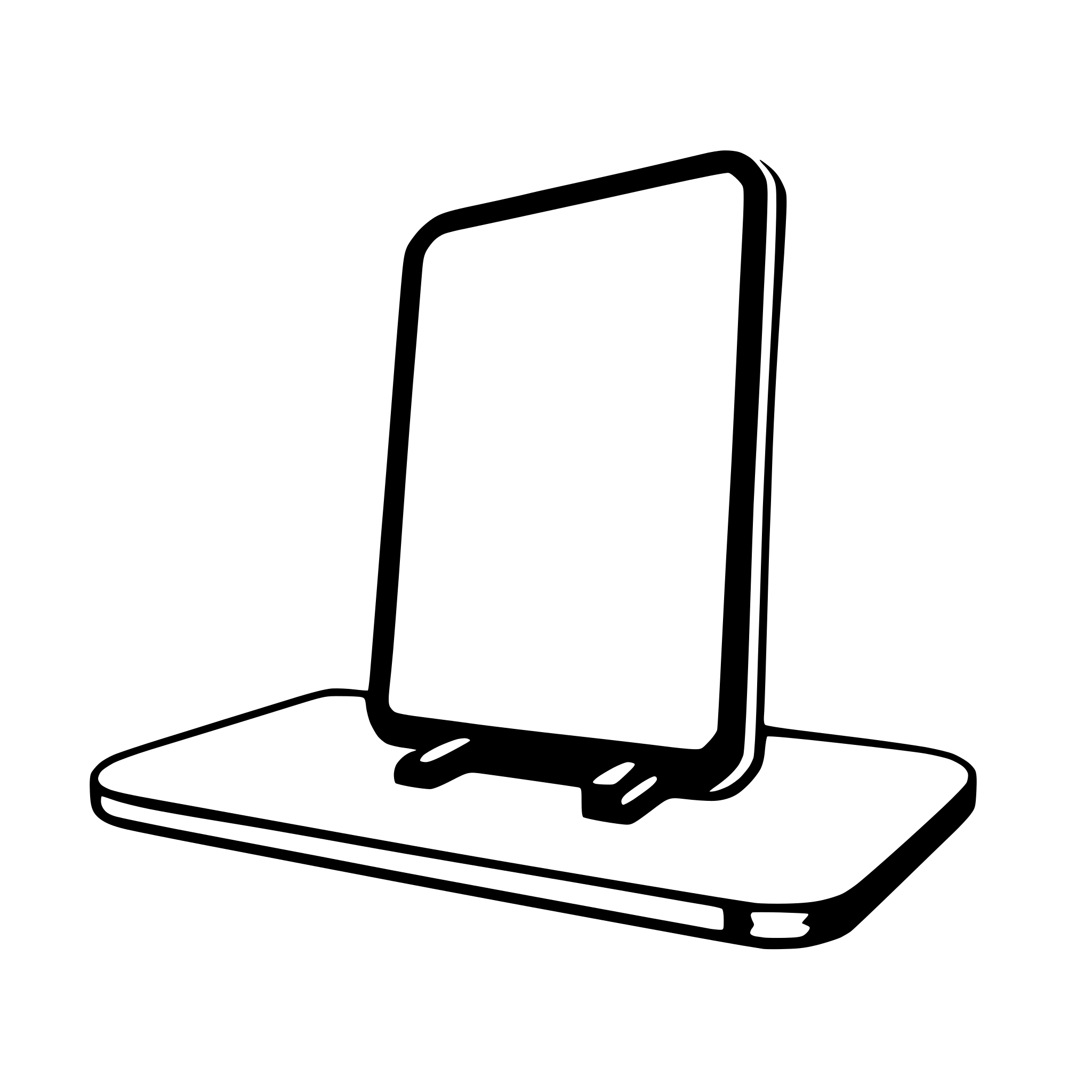 The SVG shows a simple line drawing of a laptop computer. The laptop has a rectangular screen and a keyboard with a visible space bar. The screen is blank, and the keyboard is not detailed. The laptop is depicted in a stylized manner with minimal shading, giving it a flat appearance. The SVG does not show any interaction between objects as it is a static representation. 