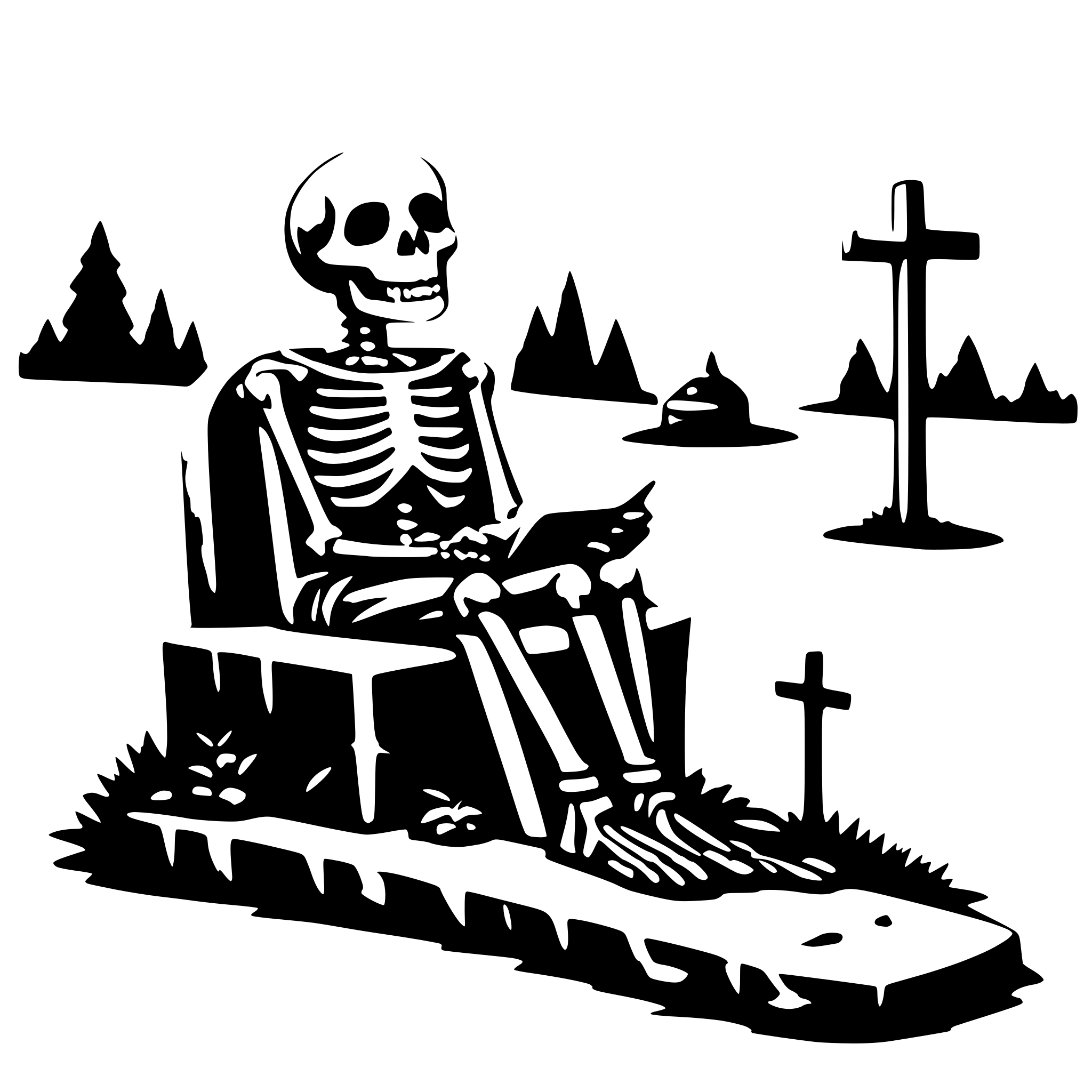 AI-generated SVG of a a skeleton sitting on a christian grave and reading AI-generated SVG of a a skeleton sitting on a christian grave and reading
