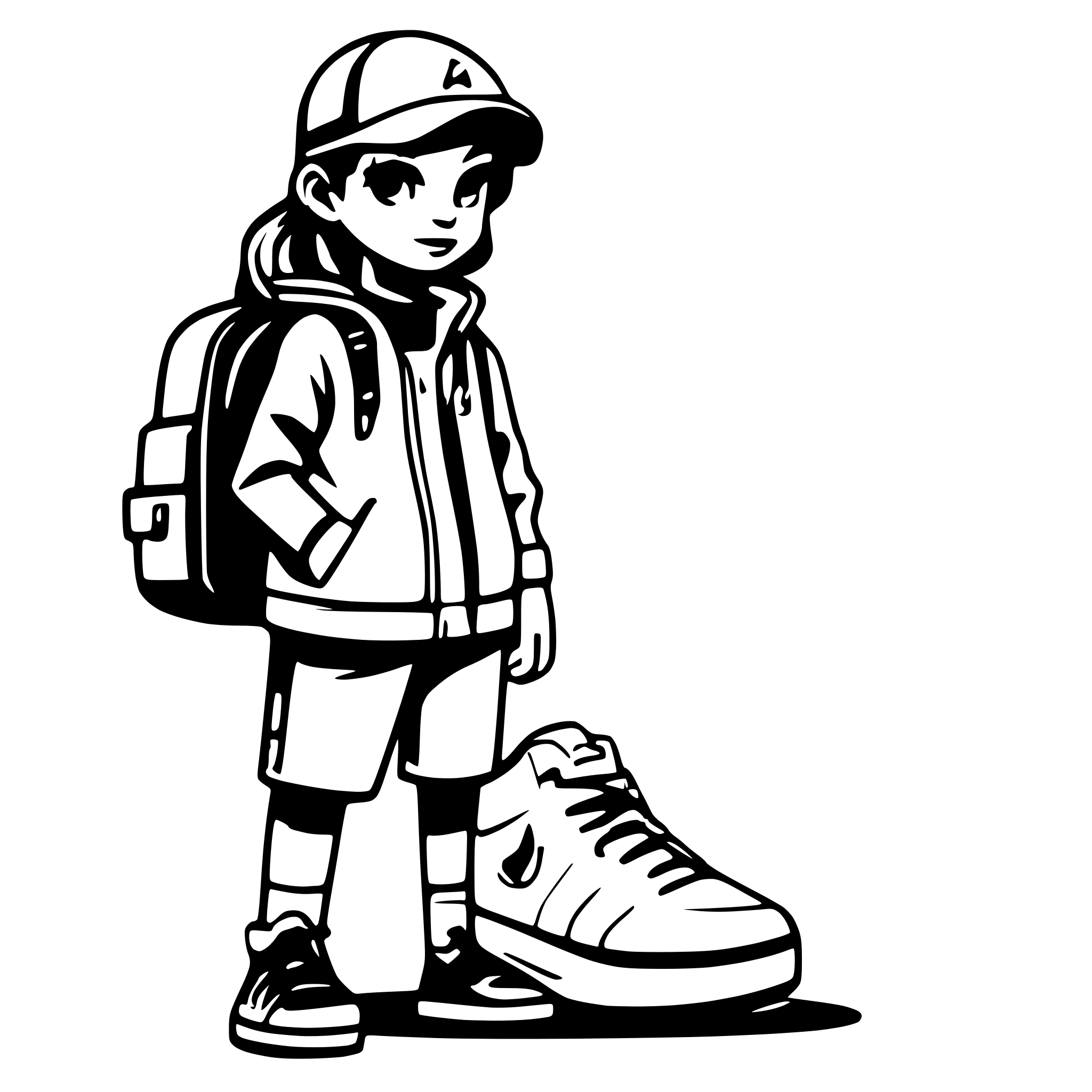 AI-generated SVG of 'personaje animado con ropa vintage y zapatillas Nike jordán. Lleva una gorra new era. y en una mano tiene una caja de paquete de envido y en la otra tiene el movil.'