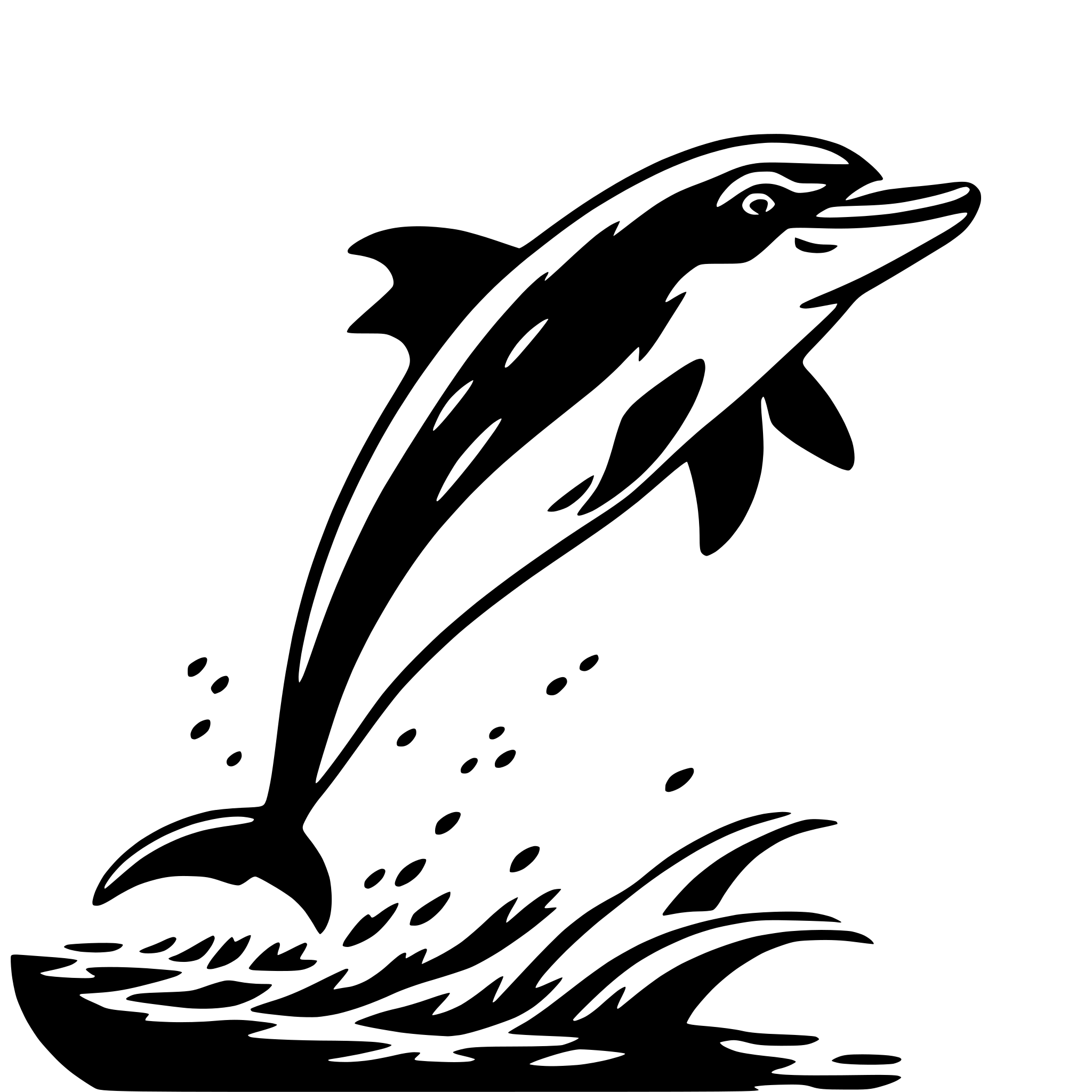 The SVG depicts a stylized black and white illustration of a dolphin leaping out of the water. The dolphin is shown in a dynamic pose, with its body arched and its tail trailing behind it. The water is depicted with a series of wavy lines, suggesting movement and the splash created by the dolphin's leap. The dolphin's head is turned to the side, and its mouth is open, which could indicate that it is either breathing or vocalizing. The overall impression is one of motion and energy, capturing a moment of the dolphin's agility and grace. 