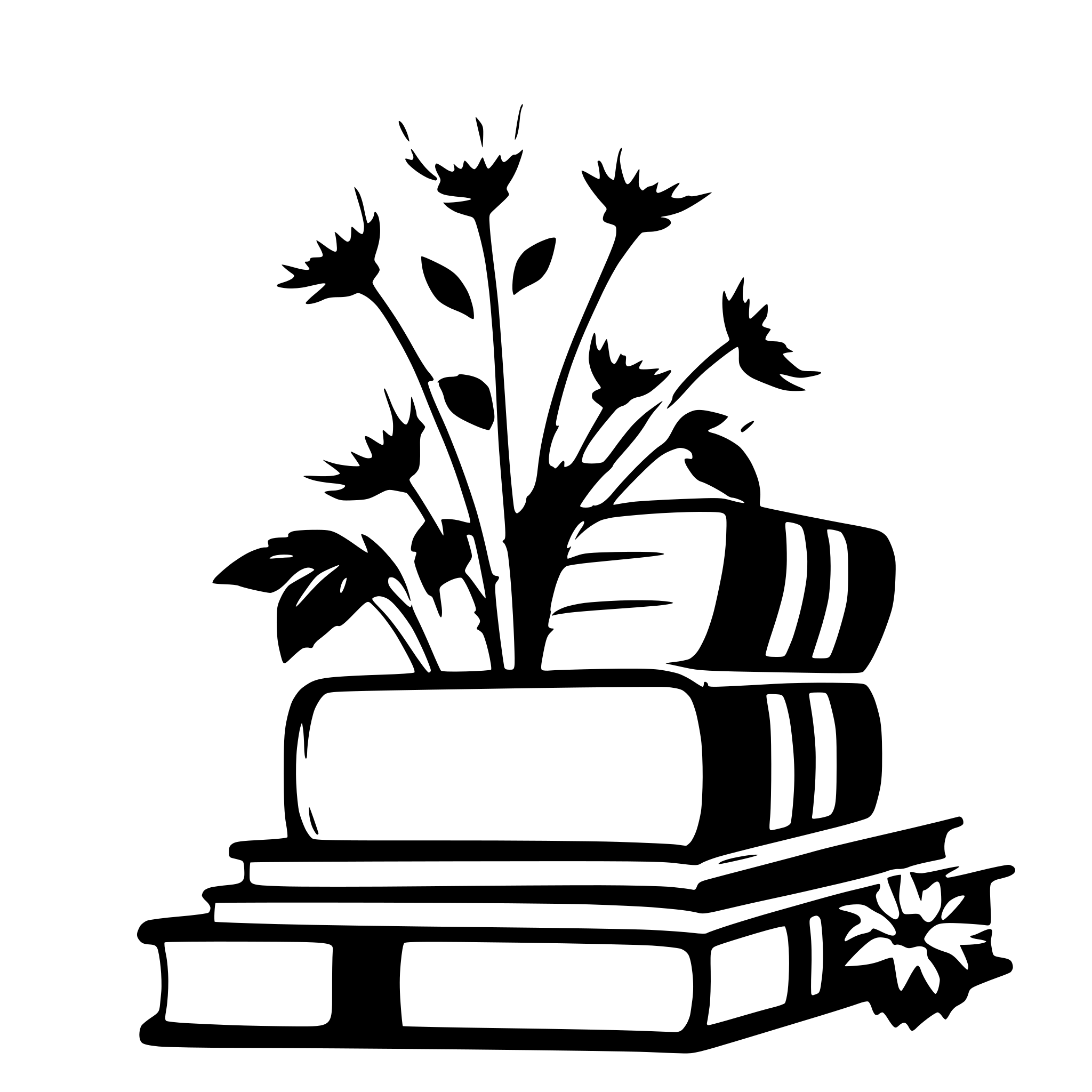 AI-generated SVG of a Eleven books  with visible spines and surrounding flowers
