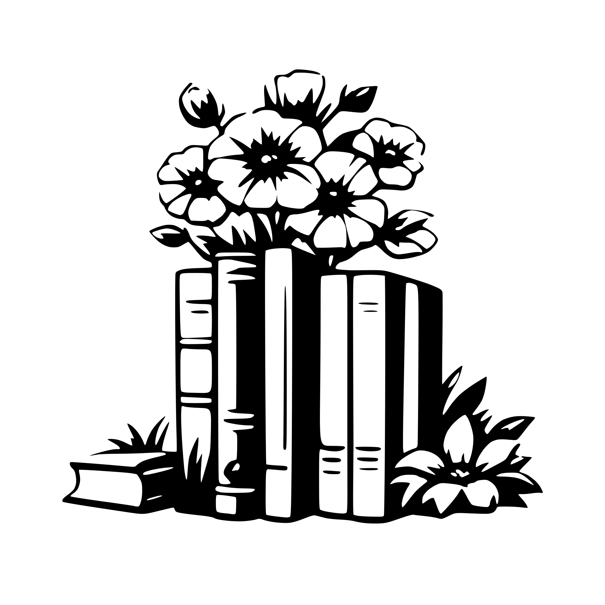 AI-generated SVG of '11 books vertical  with surrounding flowers'