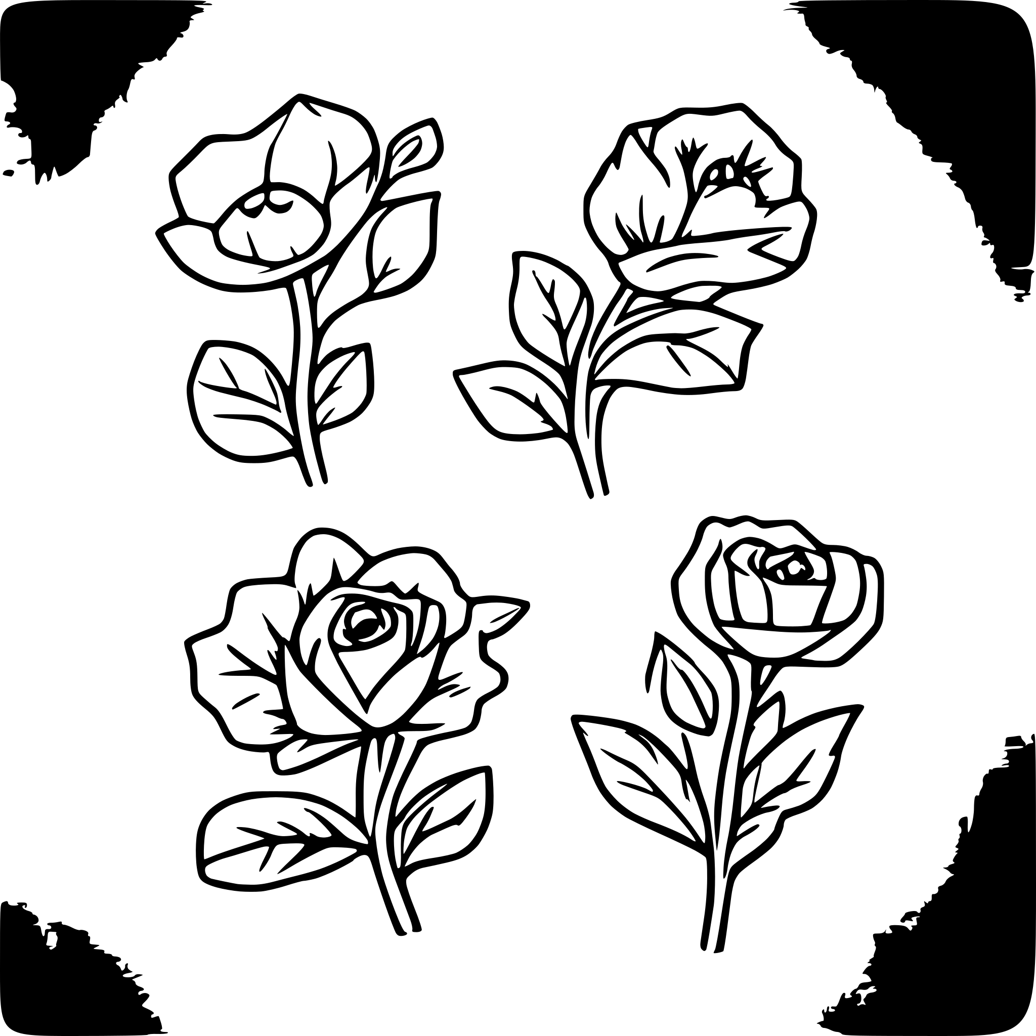 AI-generated SVG of a Create a set of elegant black-and-white floral border dividers in a line art style, featuring symmetrical arrangements of blooming flowers, leaves, and vines. The designs should include a central large flower (like a poppy or rose) surrounded by smaller buds, delicate tendrils, and leaves, extending horizontally. Provide variations in length and complexity—some shorter with minimal details, others longer with intricate patterns of flowers and foliage. The style should be clean, monochromatic, an