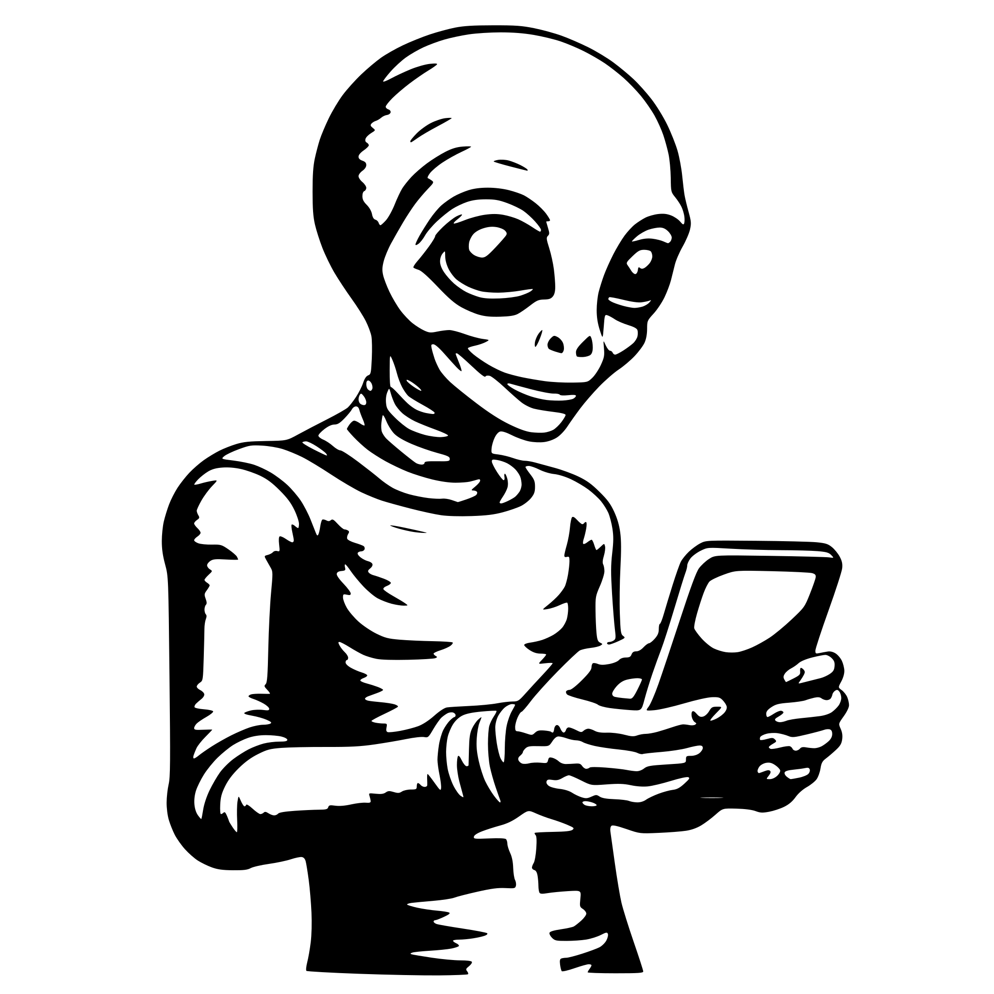 AI-generated SVG of a friendly alien with smartphone