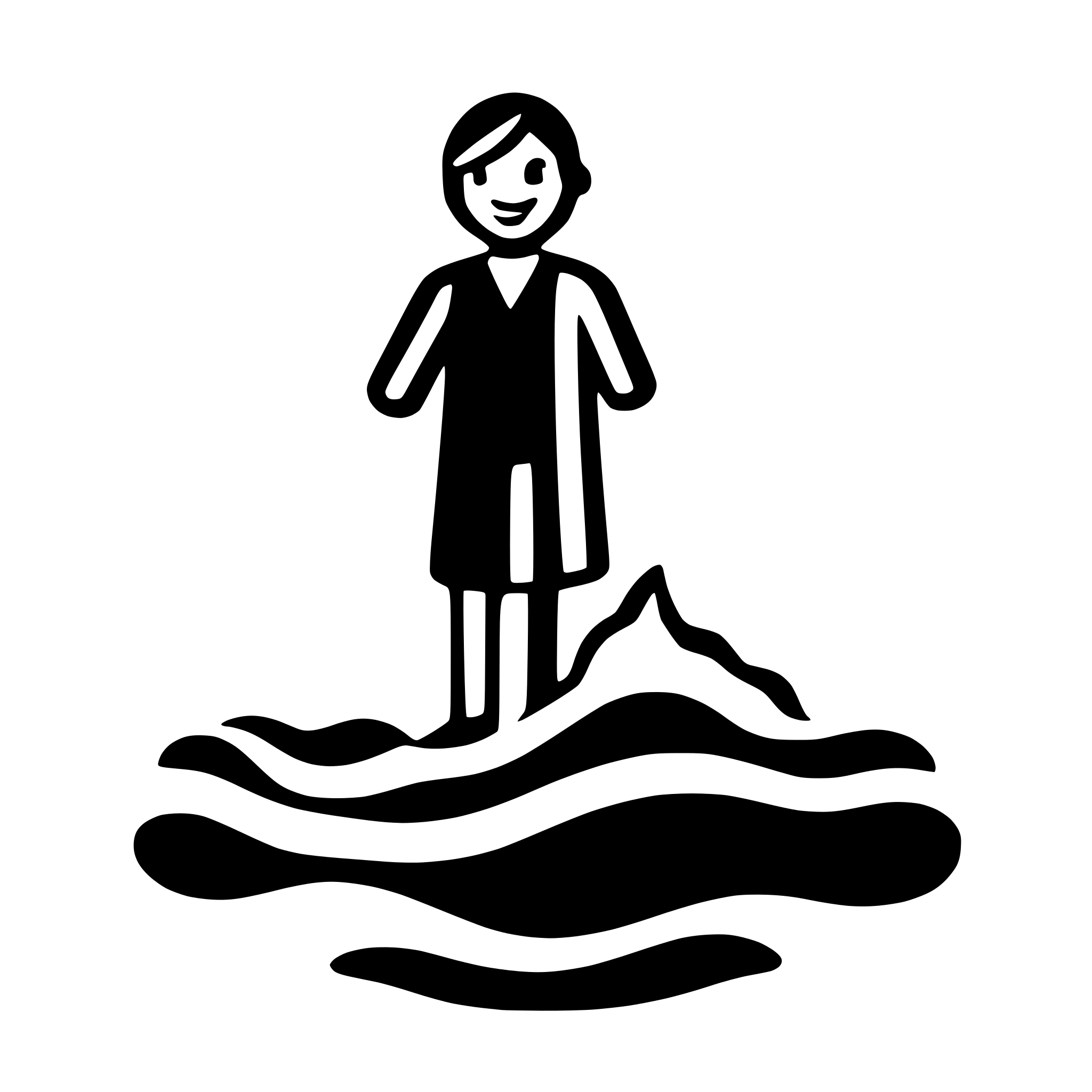 AI-generated SVG of 'A drawing of a water wave icon with a person standing next to it, smiling'