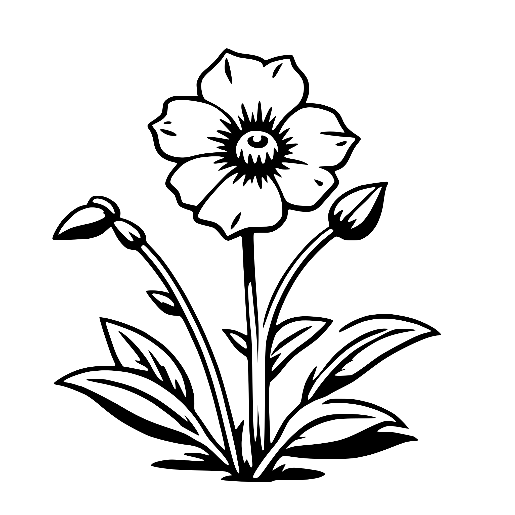 The SVG depicts a stylized black and white illustration of a flower with a prominent central disc, surrounded by six petals that are symmetrically arranged. The flower has a long stem with two leaves attached to it, one on each side. The leaves are elongated with a pointed tip and have a simple, smooth outline. The background is plain and does not contain any additional elements or text. The style of the illustration is minimalistic and appears to be a digital vector graphic. 