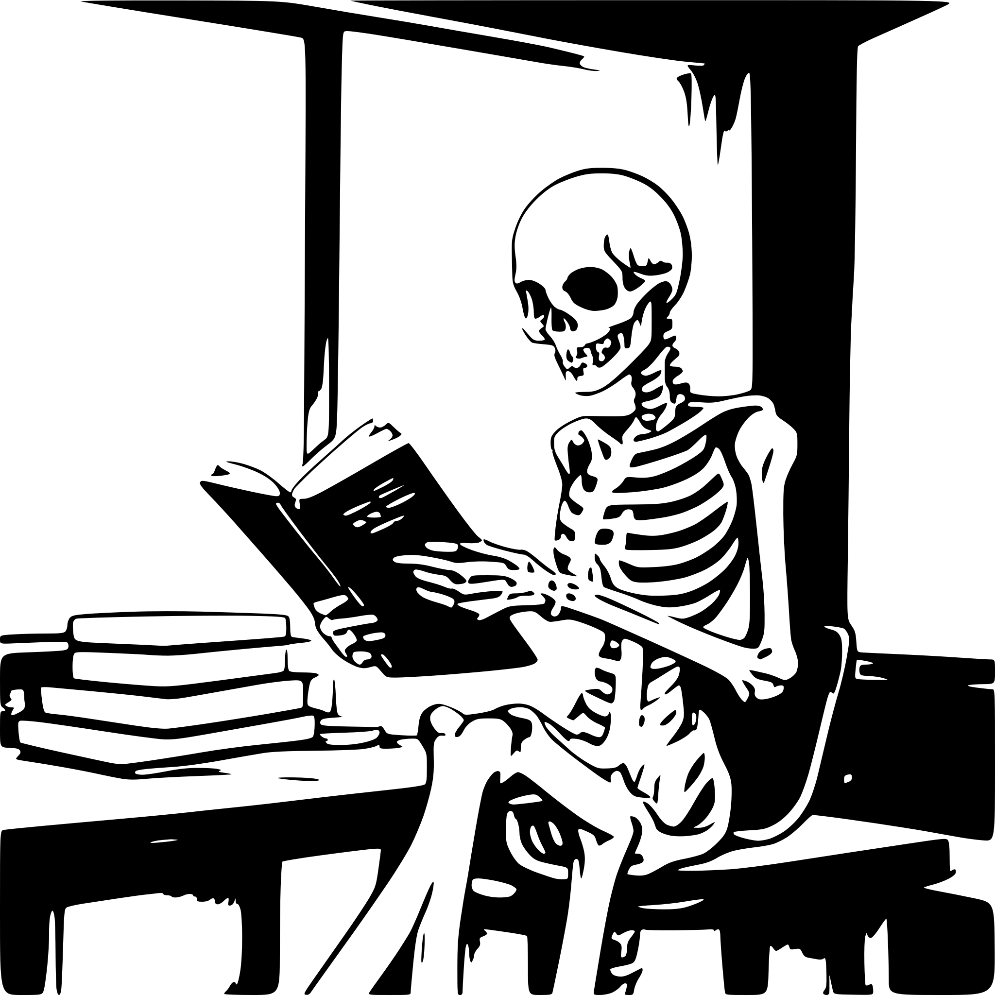 AI-generated SVG of a skeleton reading a book