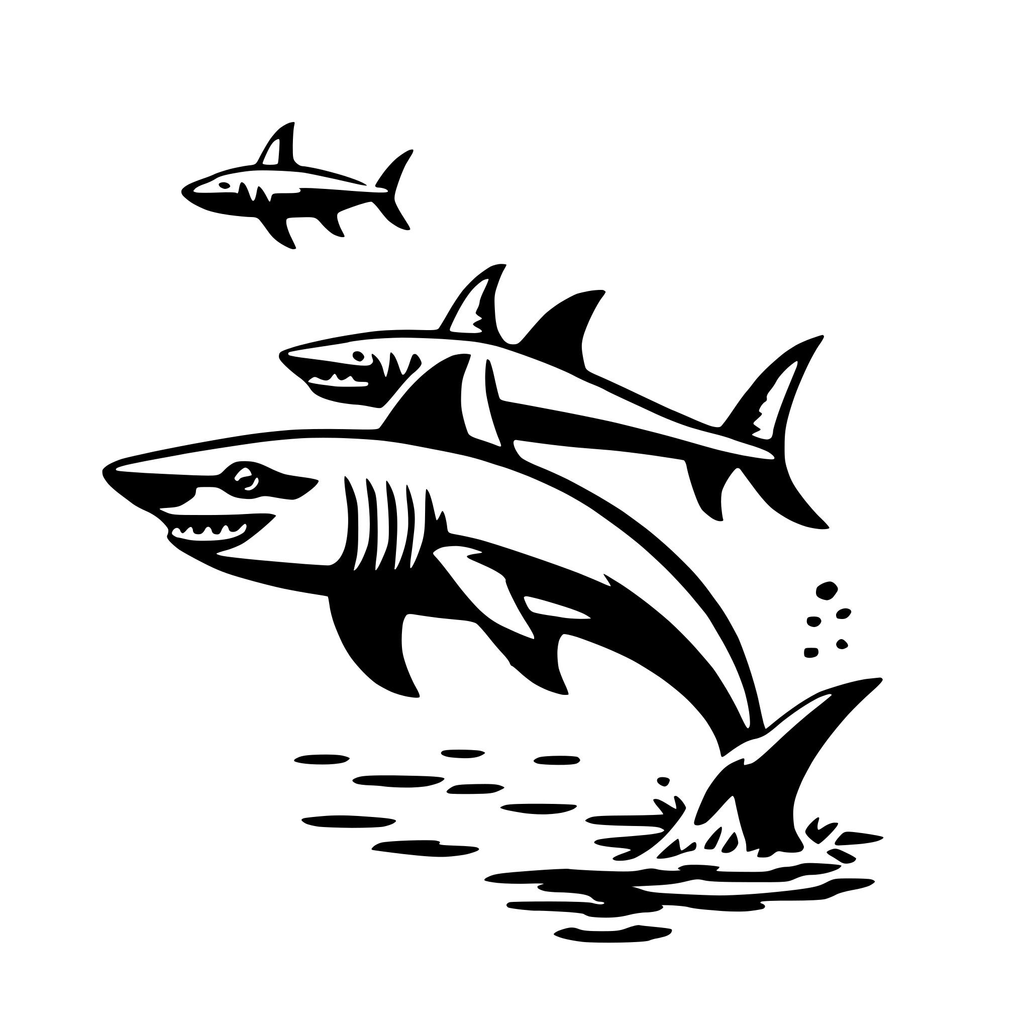 The SVG depicts three sharks in a stylized, cartoon-like illustration. The largest shark is in the foreground, with its mouth open as if it is swimming or jumping out of the water. The two smaller sharks are positioned above the larger one, suggesting they are swimming in the same direction. The sharks are depicted with a simple, black outline, and the water is represented by a darker shade of black, with small ripples to indicate movement. The overall style is minimalistic and playful. 