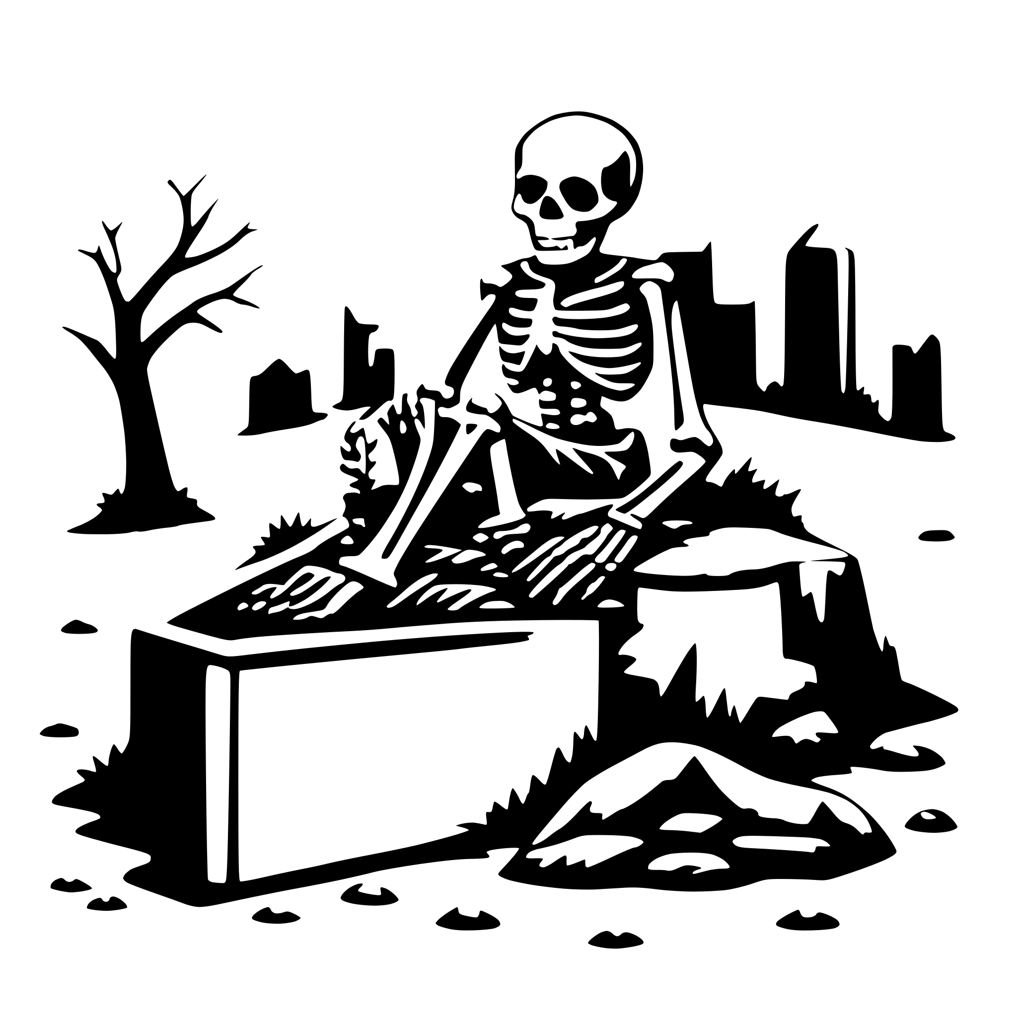 AI-generated SVG of a a skeleton climbs out of a grave with a book in his hand
