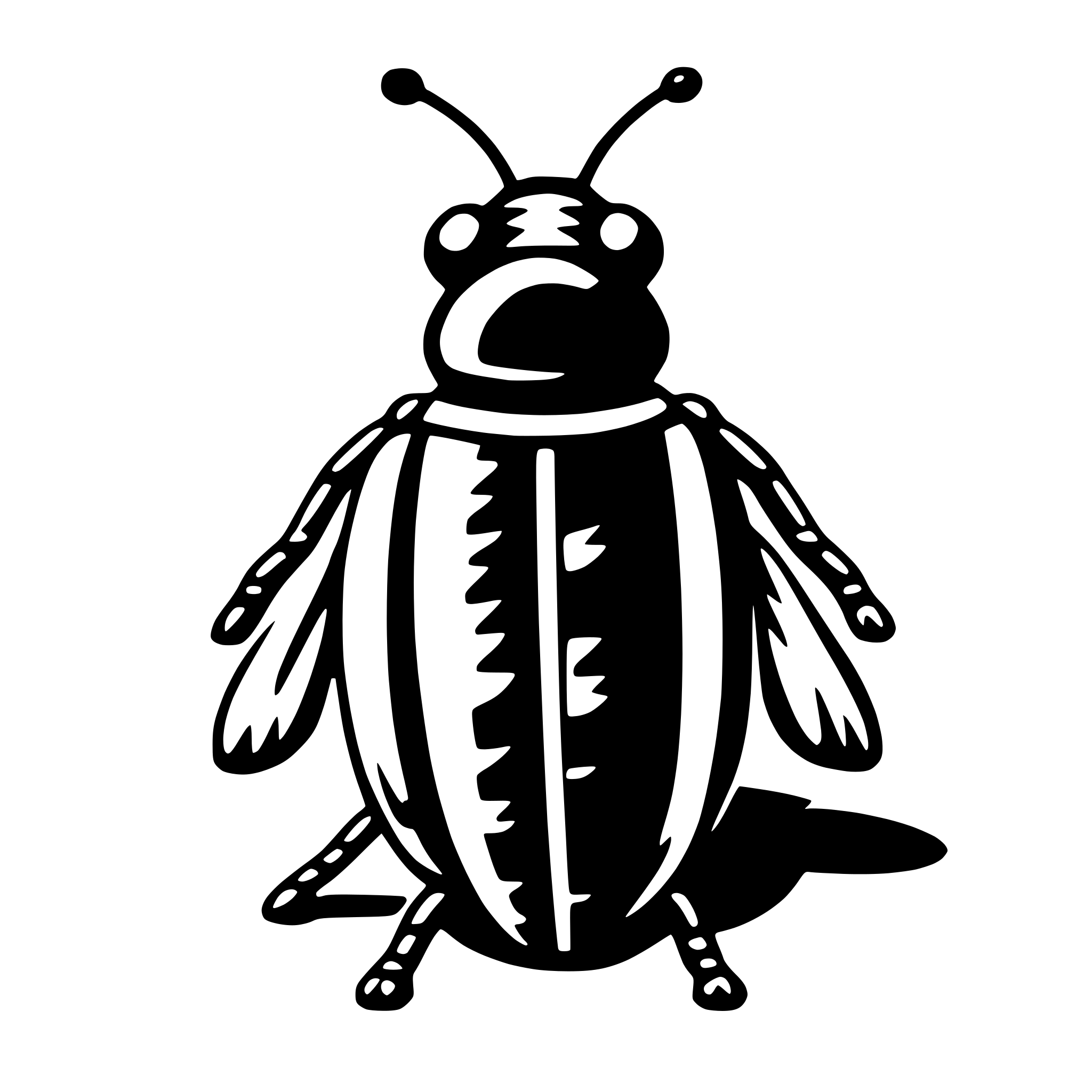 The SVG shows a stylized black and white illustration of a beetle. The beetle has a prominent head with two large, round eyes, and a pair of antennae. Its body is elongated with a series of segments, and it has two pairs of wings, with the forewings appearing to be hardened and folded over the hind wings. The beetle's legs are visible, with six legs in total, and it has a pair of cerci at the end of its abdomen. The illustration is simple and lacks intricate details, focusing on the basic shape and features of the beetle. 