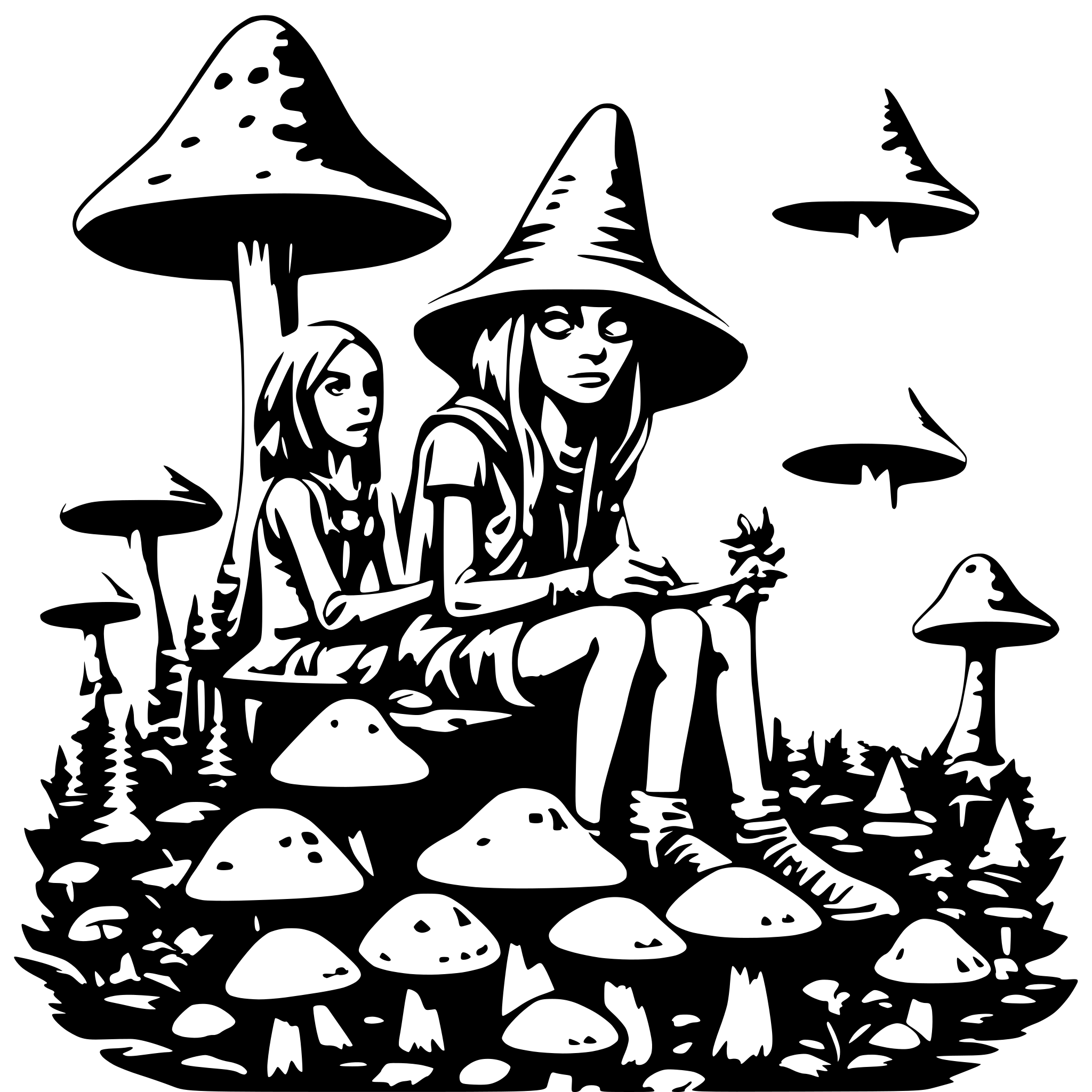 AI-generated SVG of a Aliens sitting on mushrooms in a psychedelic forest and wizard