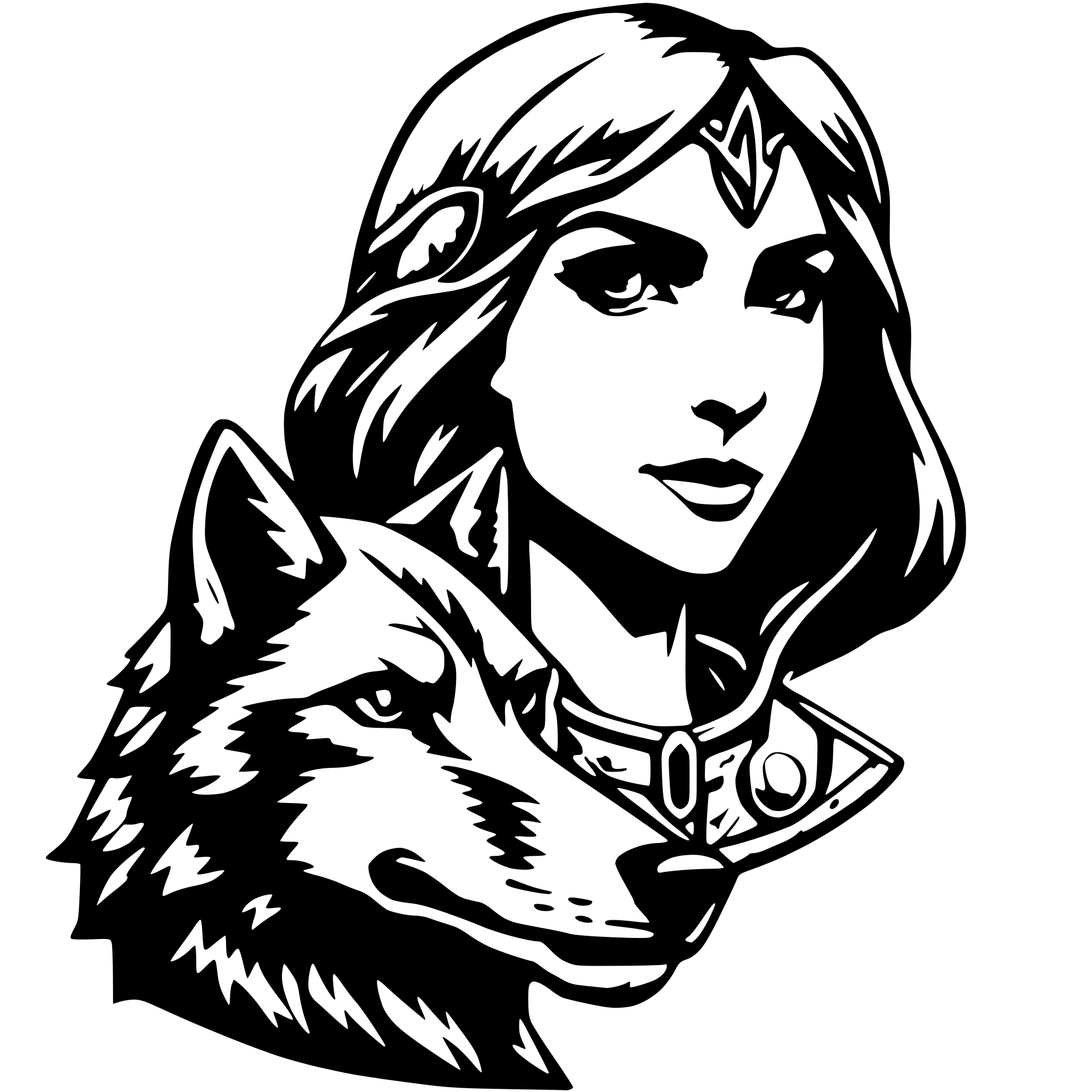AI-generated SVG of 'A Symbol for a Dungeons and Dragons Beastmaster Ranger, she is a female elf and her animal comanion is a wolf'