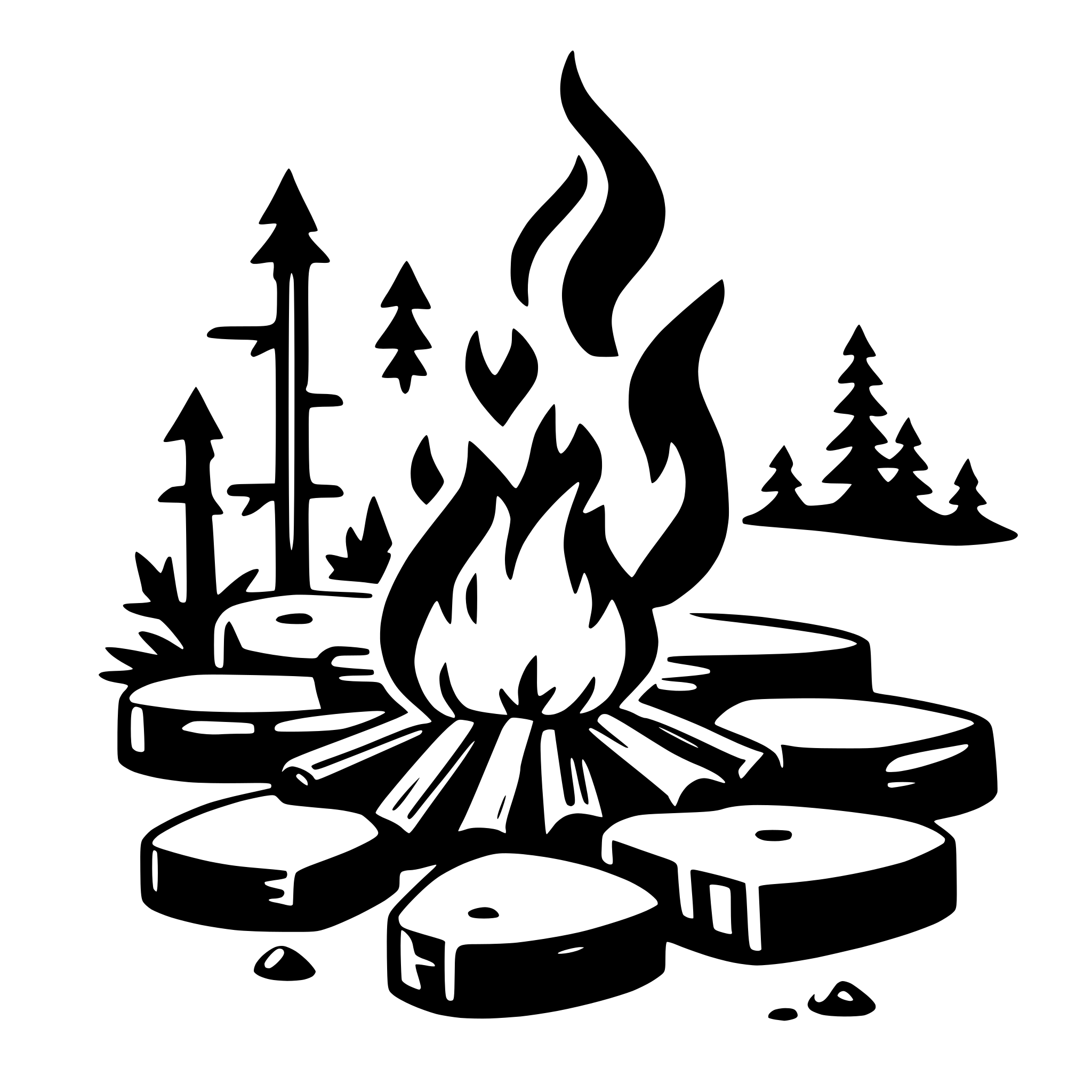 The SVG depicts a campfire scene. At the center, there is a fire with flames rising from the base, indicating that the fire is burning. Surrounding the fire are several logs, which appear to be arranged in a circular pattern, suggesting a campfire setup. The logs are of varying sizes and are depicted in a simplified, stylized manner.

In the background, there are silhouettes of trees and what appears to be a forested area, providing a natural setting for the campfire. The trees are also stylized with simple outlines, and their positioning suggests a dense forest.

The overall style of the SVG is minimalistic and uses negative space to create the silhouettes of the fire, logs, and trees. The use of black and white gives the SVG a classic, timeless feel. The SVG does not contain any text or additional elements that would require a more detailed description. 