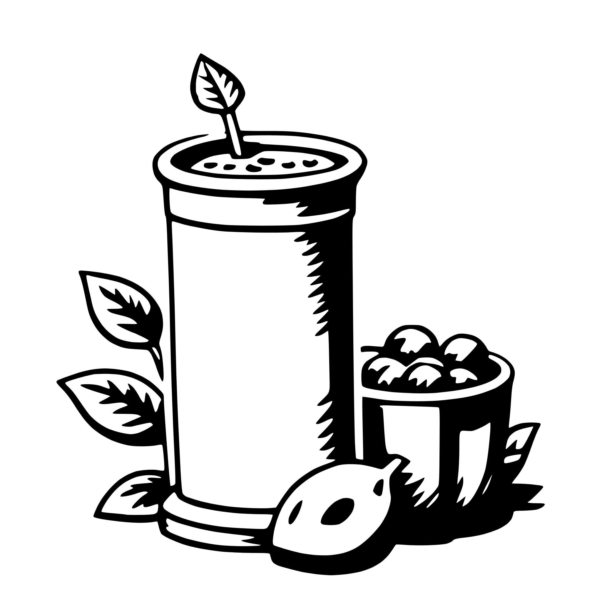 The SVG depicts a stylized illustration of a cylindrical container with a leaf on top, suggesting it might be a plant pot or a container for seeds. To the right of the container, there is a small bowl with a leaf on it, and below the container, there is a leaf that appears to be sprouting from the ground. The overall impression is that of a plant or seed-related theme. 