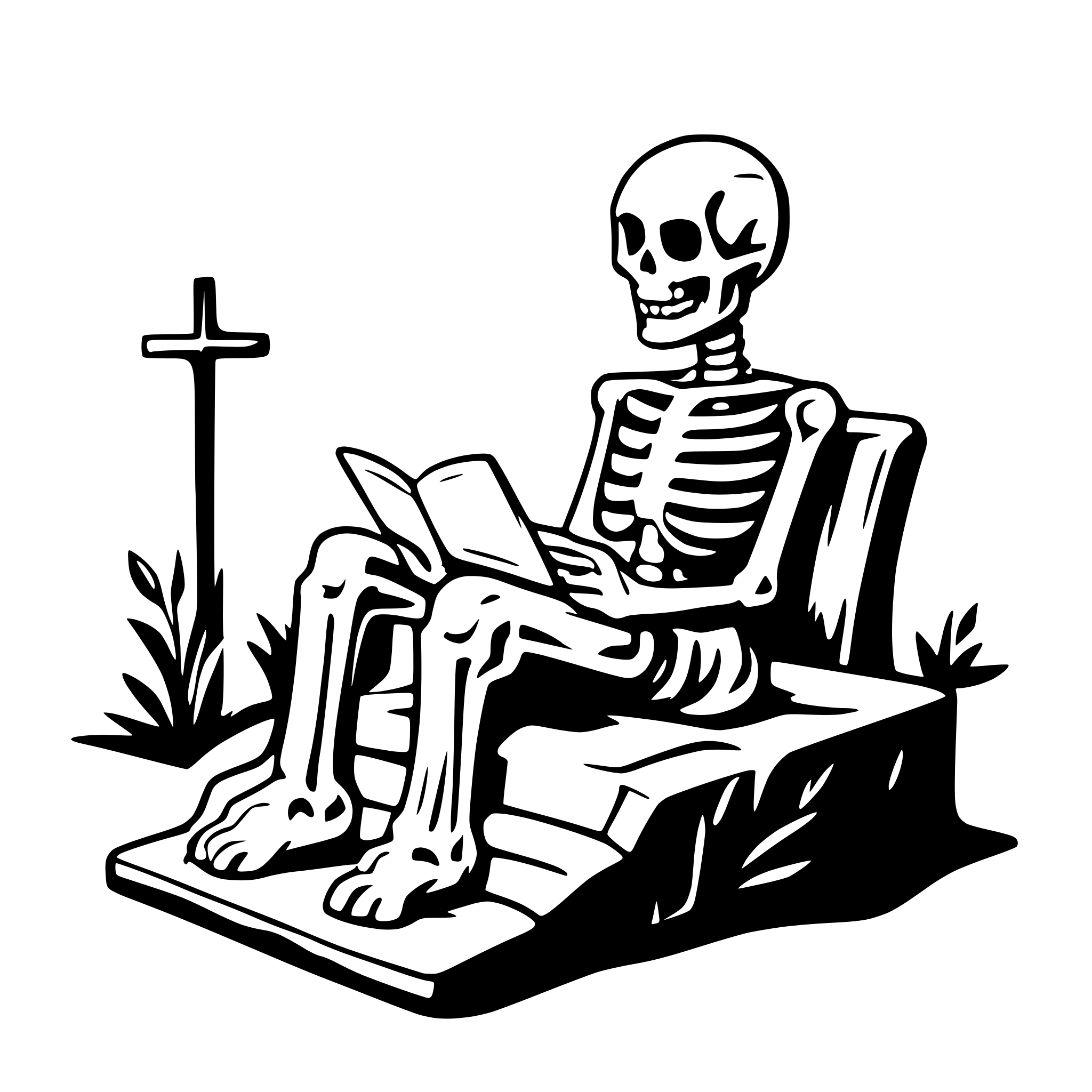 AI-generated SVG of a a skeleton sitting on a grave an reading