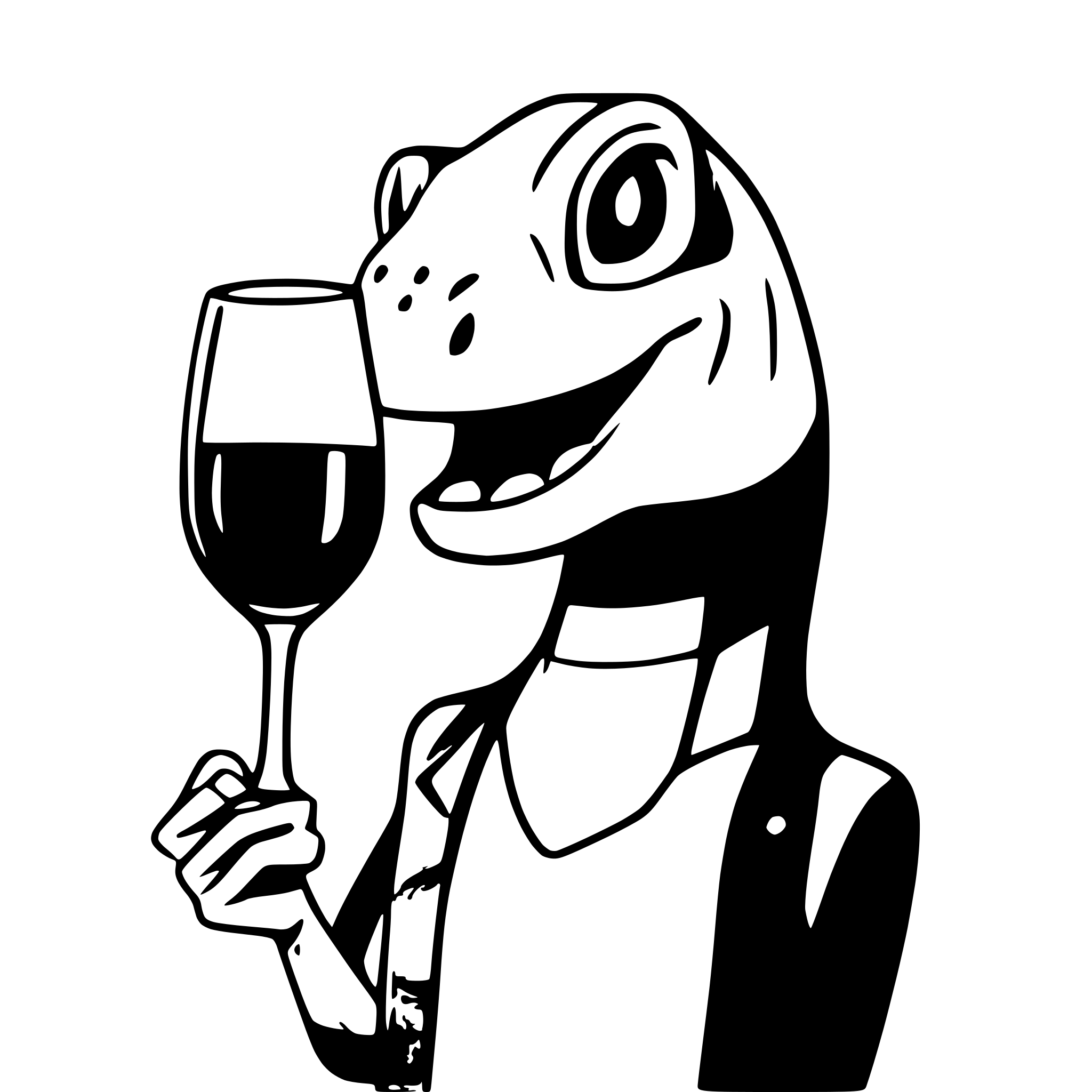 AI-generated SVG of a dinosaur with a glss of wine in the hand