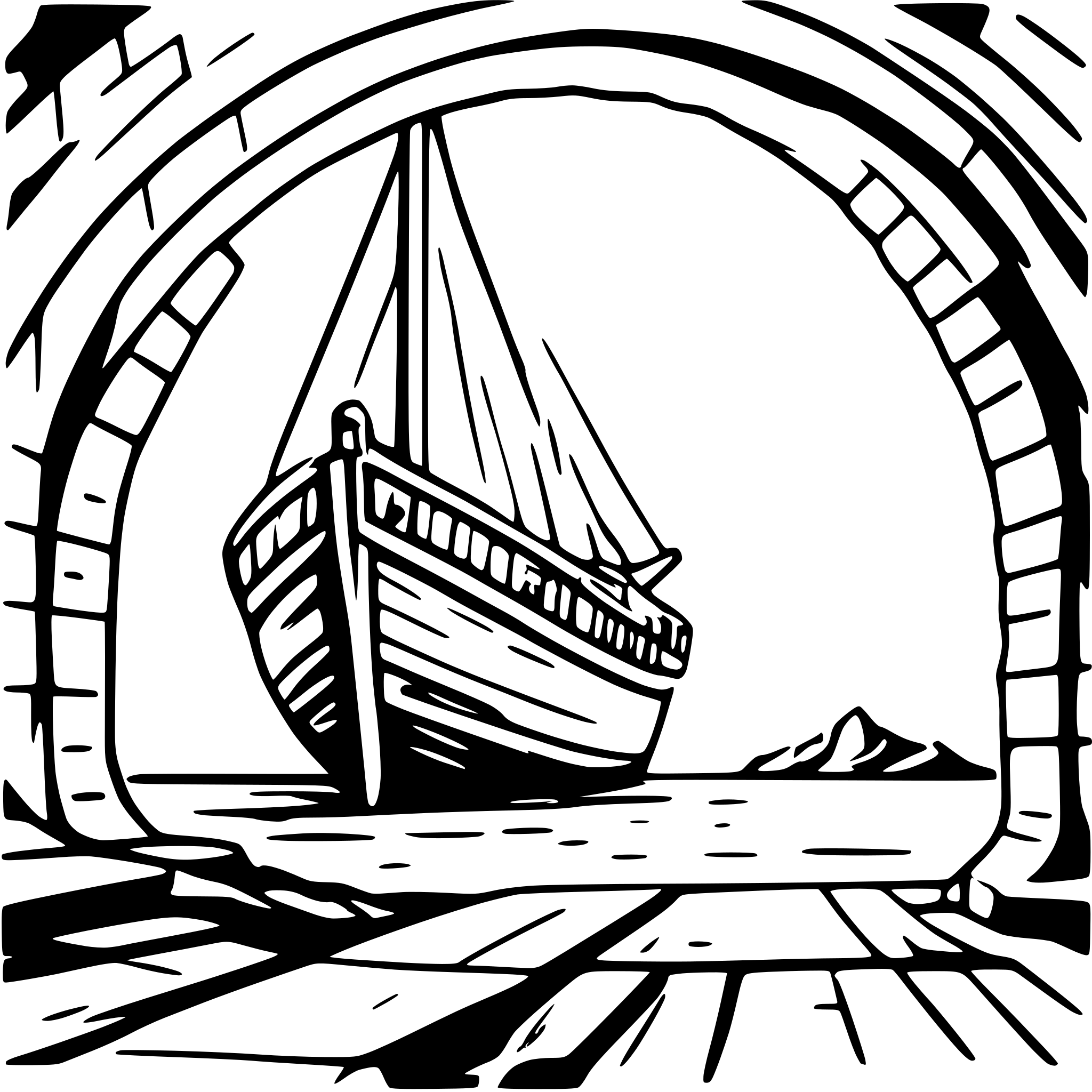 AI-generated SVG of a A dramatic chiaroscuro black and white line art drawing, reminiscent of Gustave Doré, depicting a weathered wooden sailboat navigating under a turbulent, cloud-filled sky.  The central focus is a majestic, arched stone bridge, its intricate details meticulously rendered in sharp, contrasting lines, creating a sense of depth and age. The boat, a small fishing vessel with tattered sails, is positioned slightly off-center, emphasizing the imposing archway.  The clouds are dynamic, swirling masses o