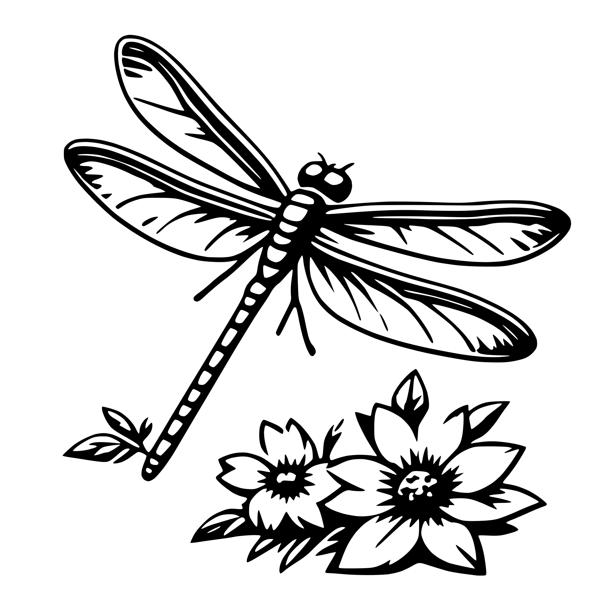 AI-generated SVG of 'dragonfly and flowers'