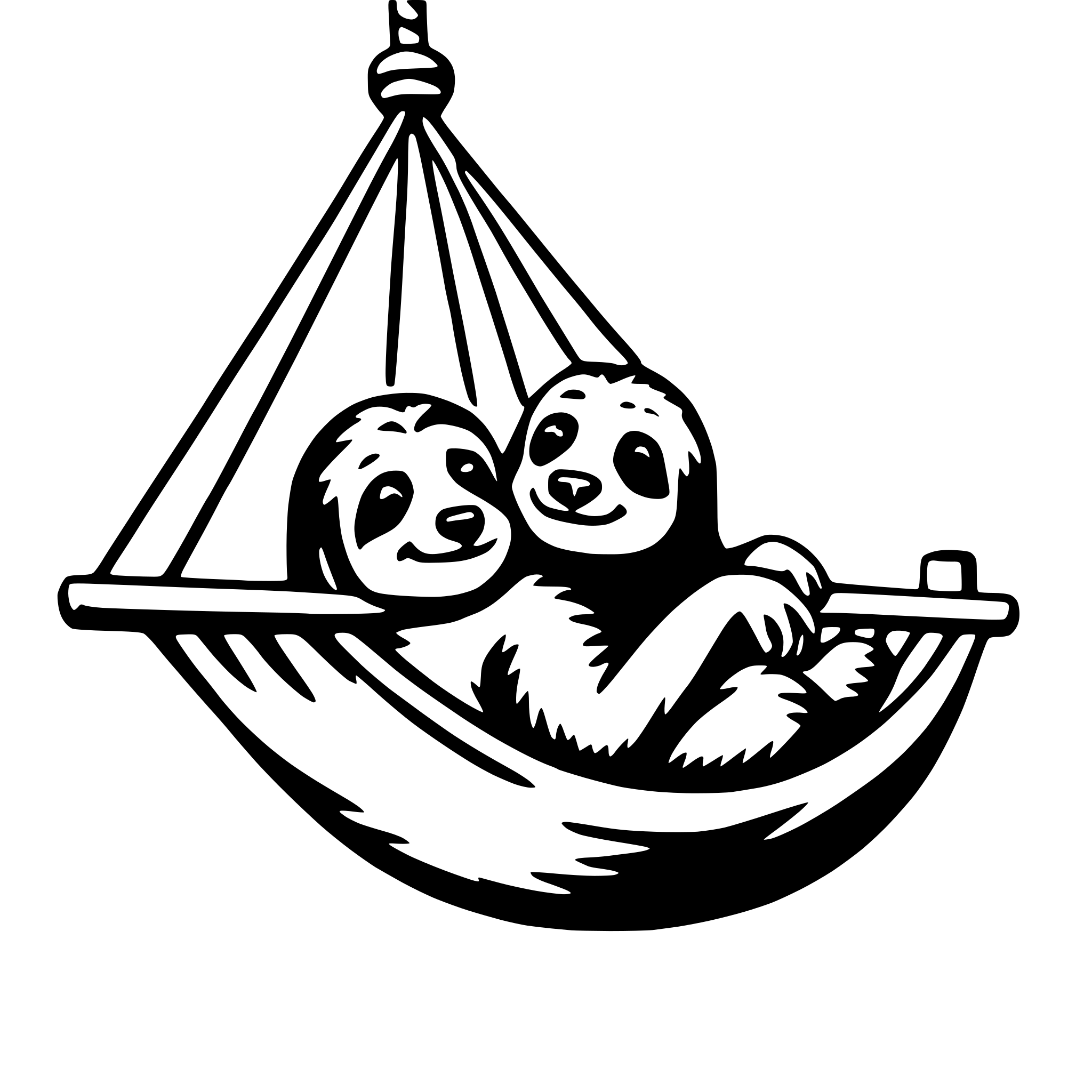 The SVG depicts two stylized panda bears sitting in a hammock. The pandas are facing each other, with their arms around each other, appearing to be in a relaxed and affectionate pose. The hammock has a simple design with a curved frame and a straight bar at the bottom, suggesting a comfortable and supportive structure. The pandas are smiling, adding a friendly and joyful atmosphere to the scene. 