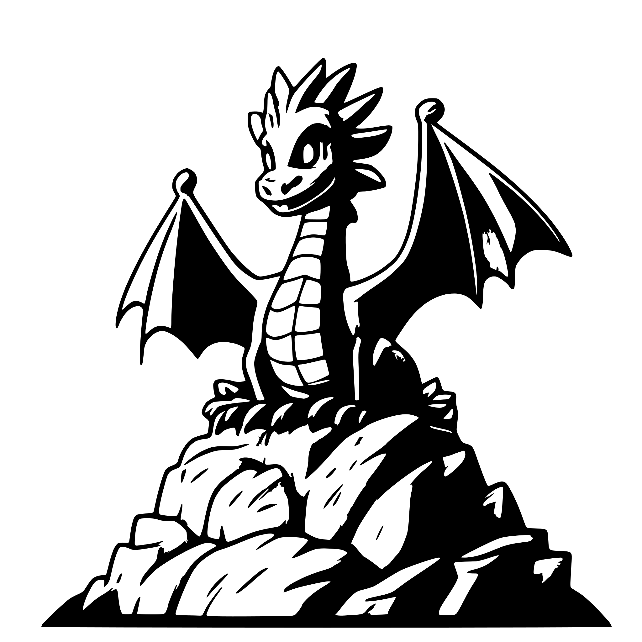 AI-generated SVG of a A mighty dragon sits atop a craggy mountain peak, its wings spread wide, surrounded by swirling clouds and a distant sun rising. AI-generated SVG of a A mighty dragon sits atop a craggy mountain peak, its wings spread wide, surrounded by swirling clouds and a distant sun rising.