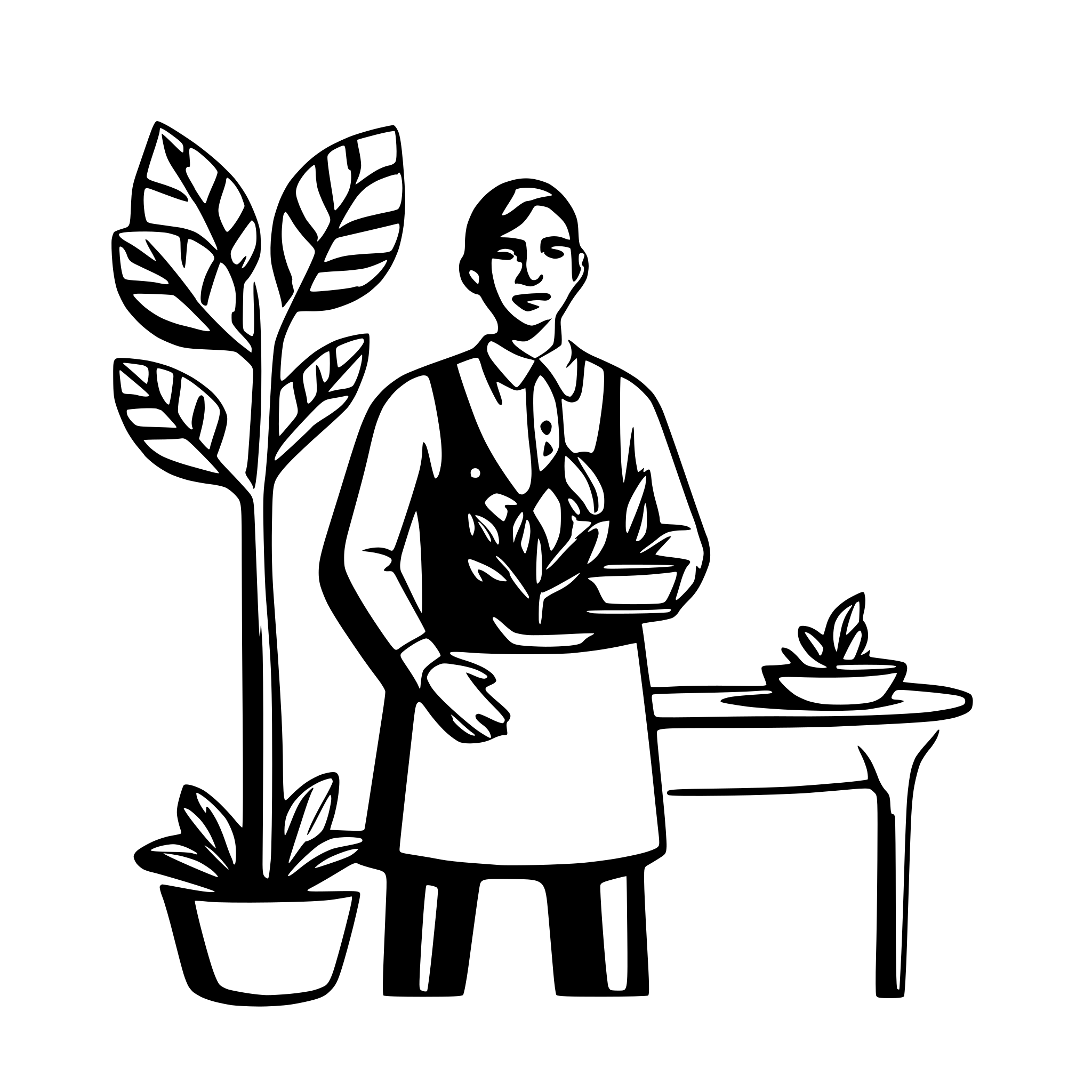AI-generated SVG of 'italian waiter figure and flowers in style of contempory art  lemon tree not far abstract art less things on picture'