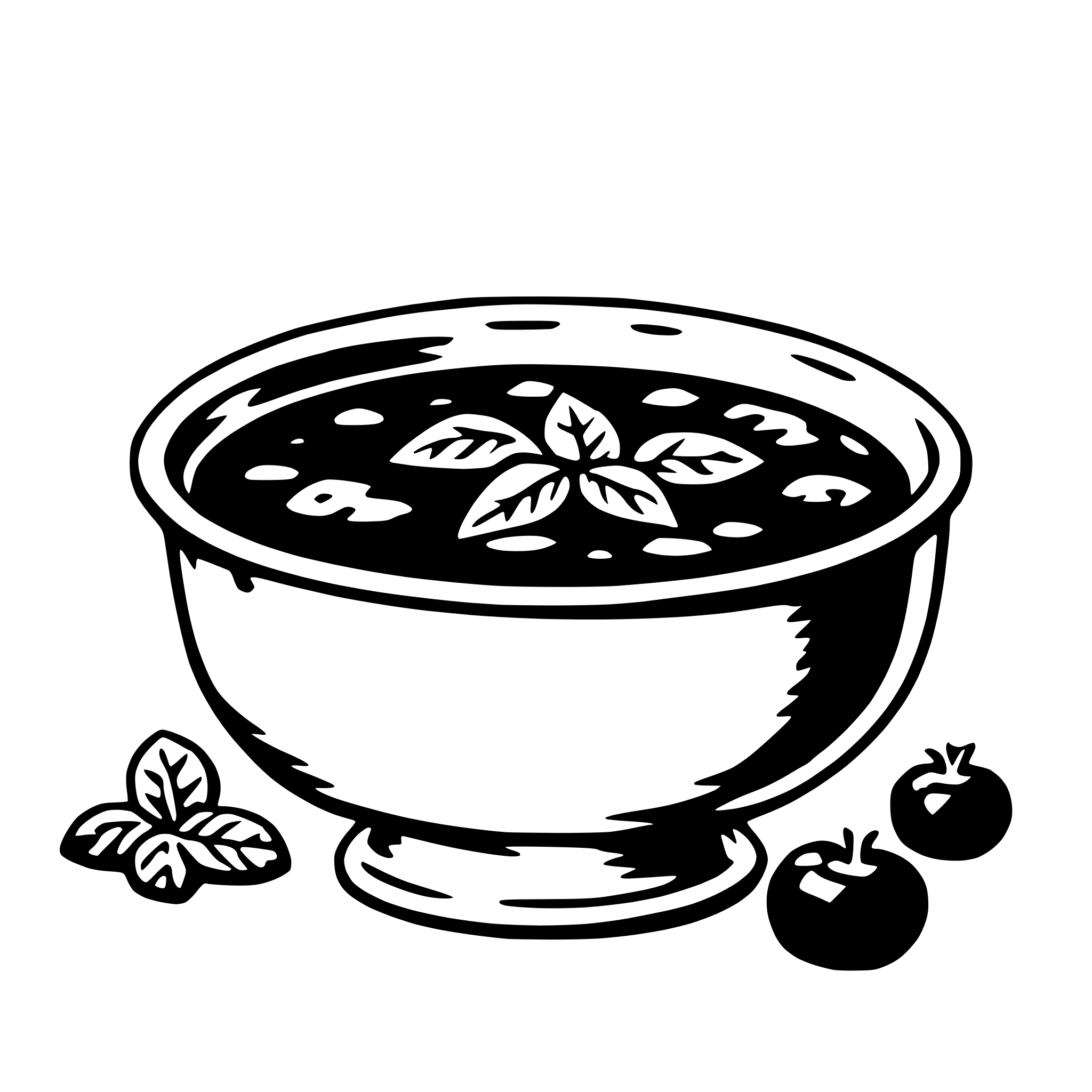 The SVG depicts a bowl of soup with a leaf floating on top. To the right of the bowl, there are two whole leaves and a sprig of herbs. The soup appears to be a clear broth with visible herbs and leaves, suggesting a flavorful and possibly herbal-based soup. The bowl is placed on a surface, and the overall style of the SVG is simple and illustrative, with clean lines and a limited color palette. 