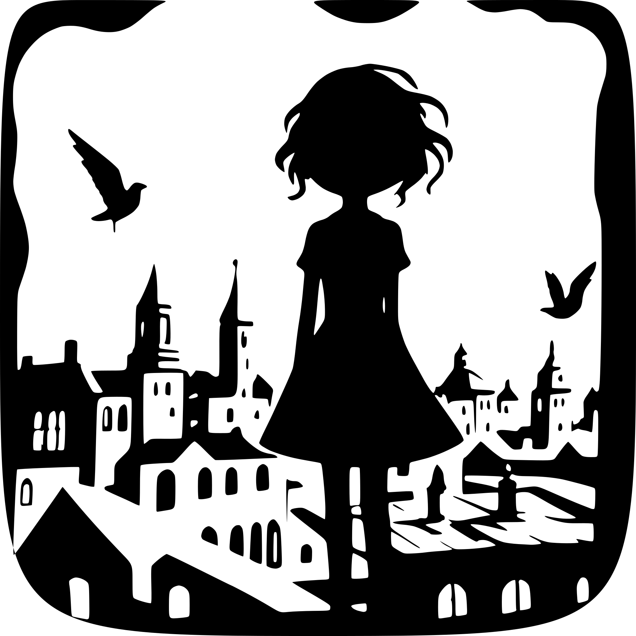 AI-generated SVG of a a creepy girl high amongst the city rooftops surrounded by birds and steeples and buildings  above her