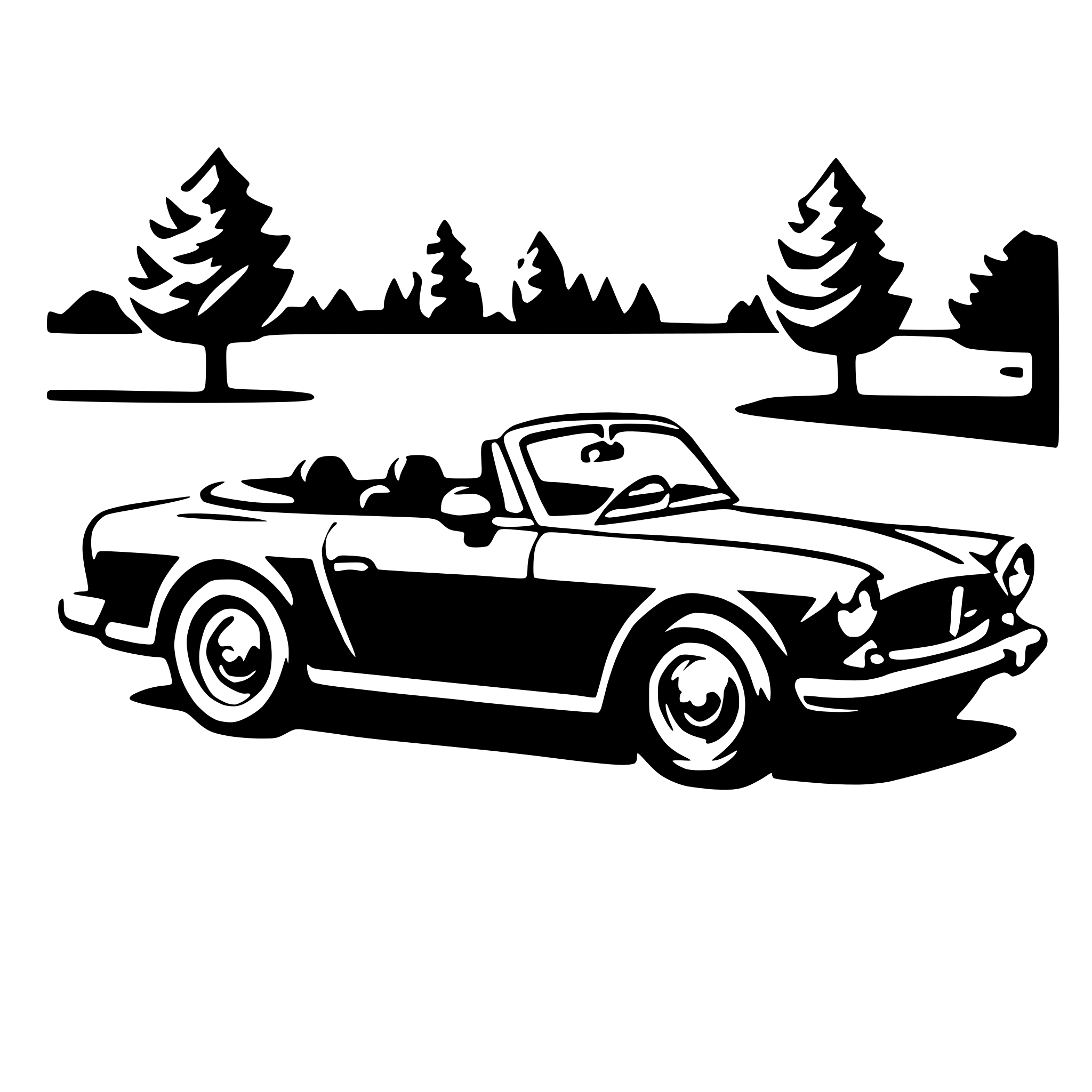 The SVG depicts a classic convertible car parked on a grassy area with trees in the background. The car is facing towards the right side of the SVG, and the top is down, revealing the interior. The trees are stylized with simple outlines, and the grass appears to be a solid color without any texture details. The car's design suggests it could be from the mid-20th century, and the overall style of the SVG is reminiscent of a line drawing or a simplified illustration. 