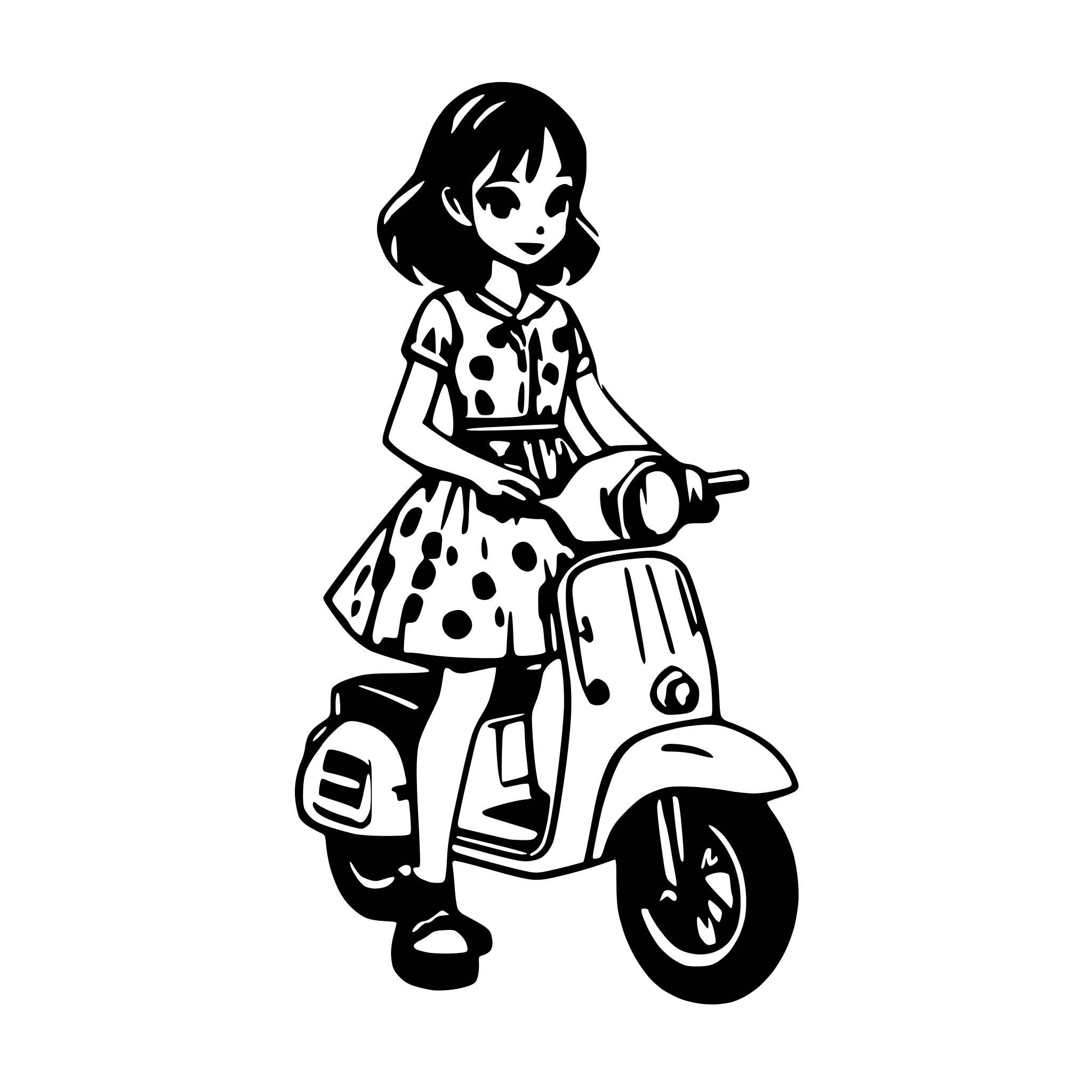 AI-generated SVG of a Girl on a vespa scooter with short dark hair and a polka dot dress