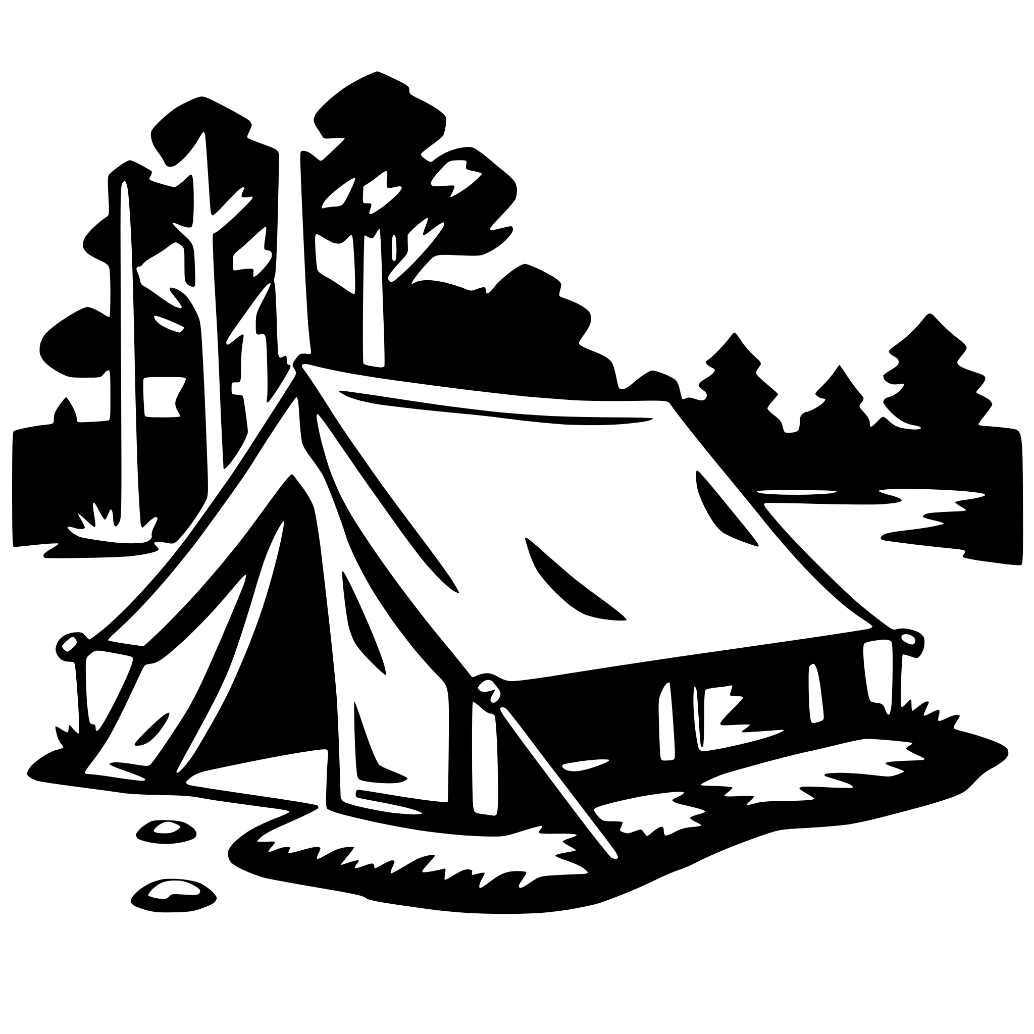 The SVG depicts a simple, stylized camping scene. There is a tent with a triangular roof, supported by two poles. The tent is pitched on a grassy area, and there are two small rocks visible near the tent's base. In the background, there are silhouettes of trees and a body of water, suggesting a natural, outdoor setting. The style is minimalistic, with solid black outlines and no shading or color detail, which is typical for vector graphics. 
