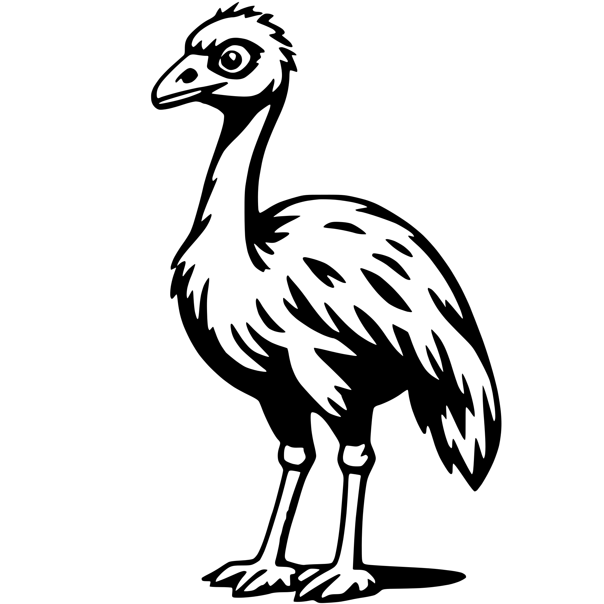 The SVG shows a stylized black and white illustration of an ostrich. The ostrich is depicted with a prominent head, a long neck, and a body with feathers. It has two legs with visible knees, and a tail feather is visible at the back. The ostrich is standing upright, and its eyes are looking forward. The SVG is simple and does not include any additional objects or interactions. 