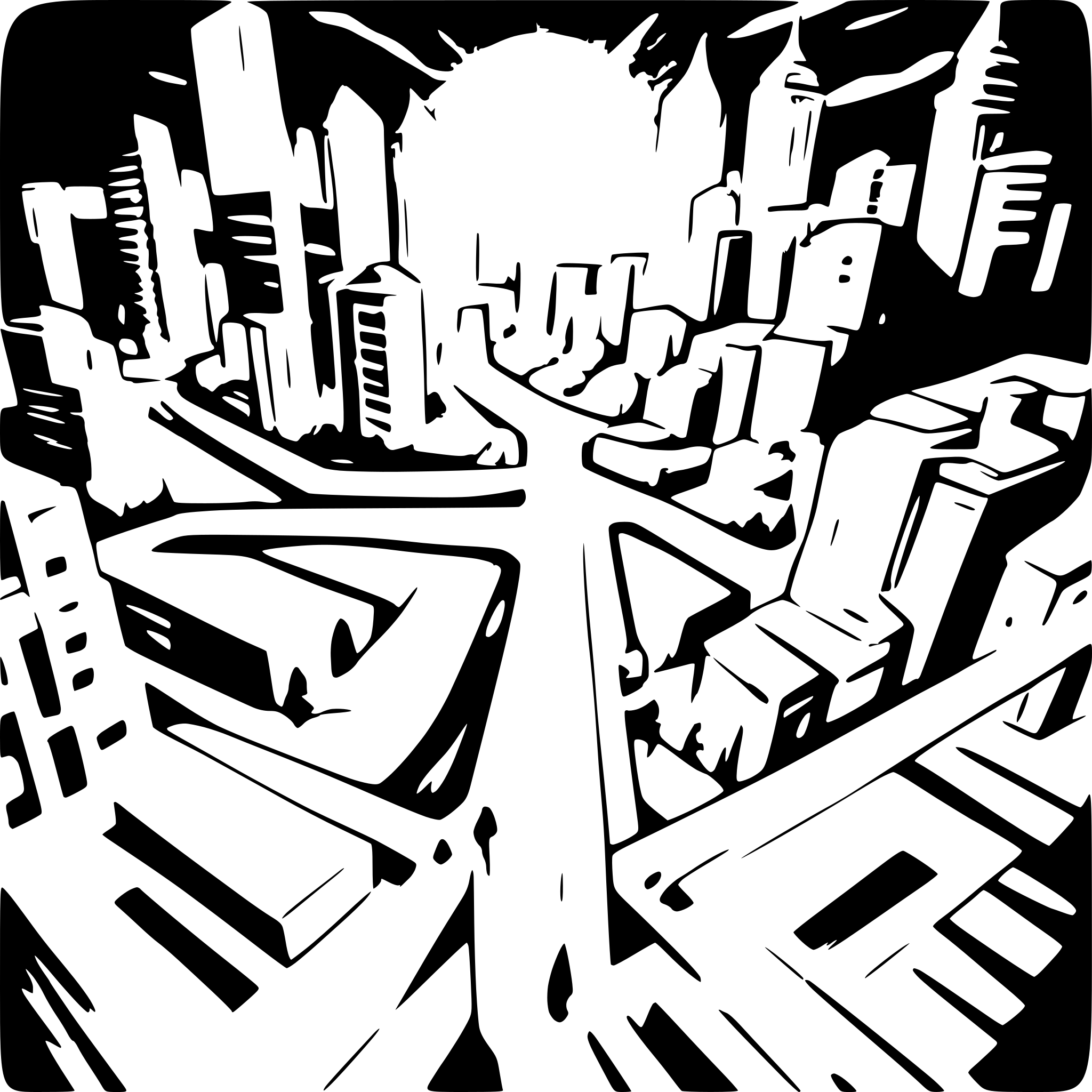 AI-generated SVG of a bird eye view ,use black and white woodcut  thin black shap lines and small dots and very detaling realistic approach vast  city  dark sky  and millions of buildings and sky  sag file ;end part of city must clear
