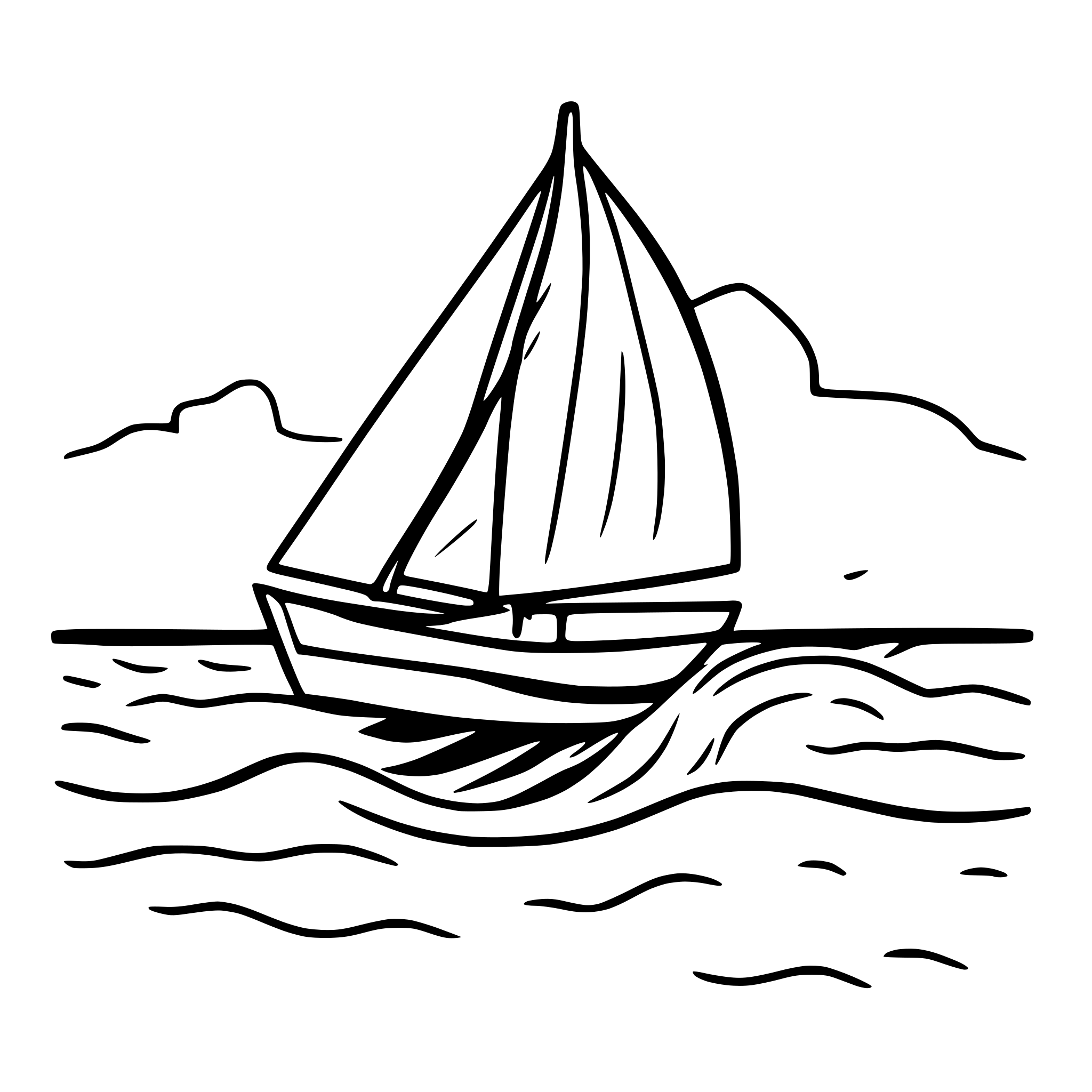 AI-generated SVG of a A sailboat floating on the sea with islands in the background and it is WINDY. The sailboat is moving from left to right. Simple line art. The sea has ROUGH waters.