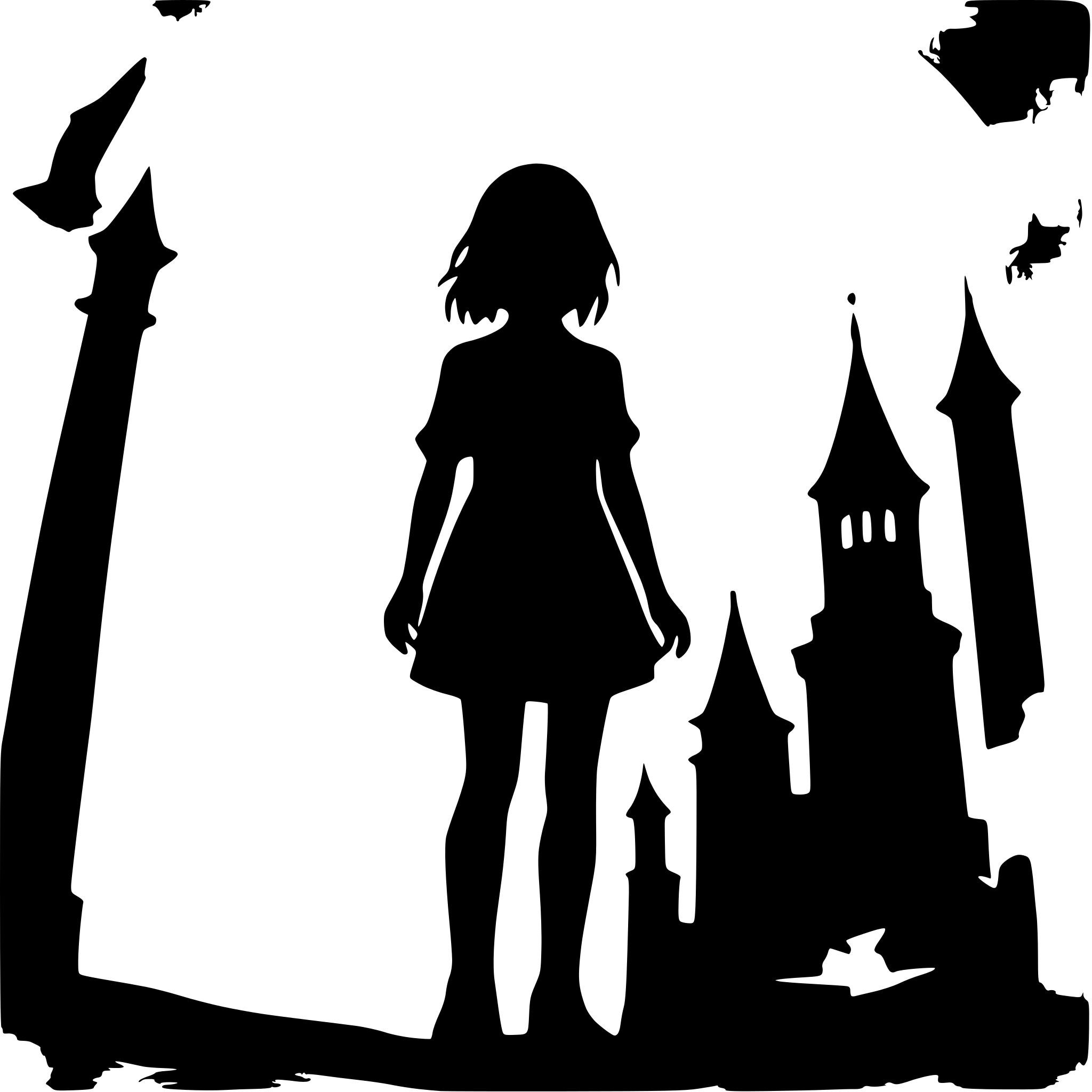 AI-generated SVG of a a creepy girl floating in a destroyed city laneway with clocktowers and chimneys and looming walls silhouette