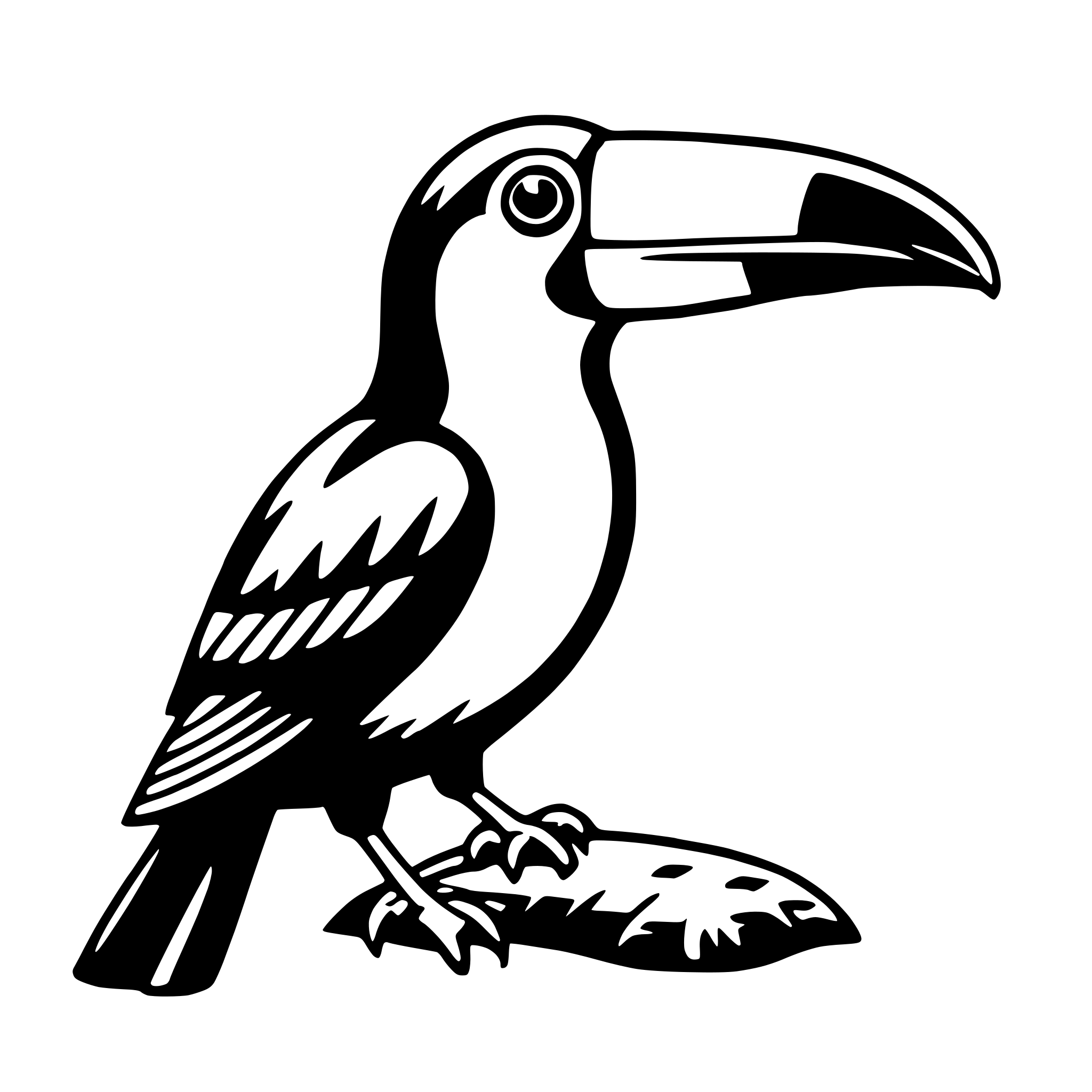 The SVG depicts a stylized black and white illustration of a toucan. The toucan is standing on one leg, with the other leg tucked under its body. It has a large, curved beak, a prominent crest on its head, and a patterned feathered body. The illustration is simple and lacks intricate details, focusing on the basic shapes and outlines of the toucan. 