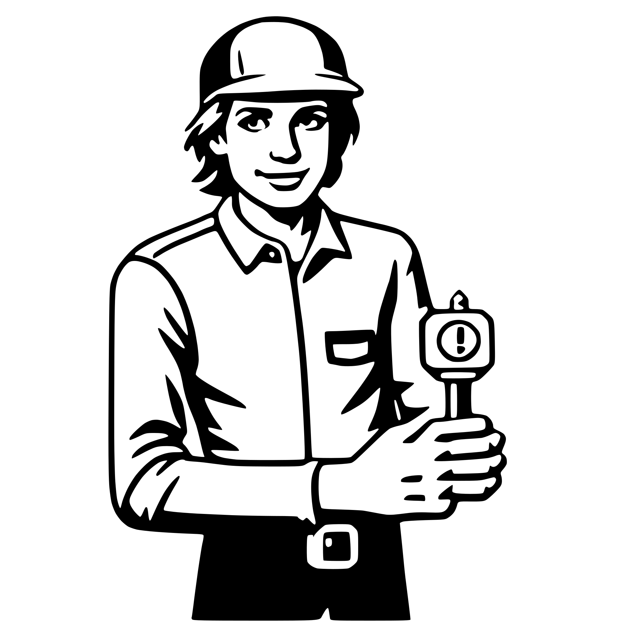 The SVG depicts a stylized, cartoon-like illustration of a person. The individual is wearing a cap, a short-sleeved shirt, and pants. They are holding a tool or device in their right hand, which appears to be a type of gauge or measuring instrument. The person is smiling and looking directly at the viewer. The style is simplistic and uses solid lines and flat colors, typical of vector graphics. 
