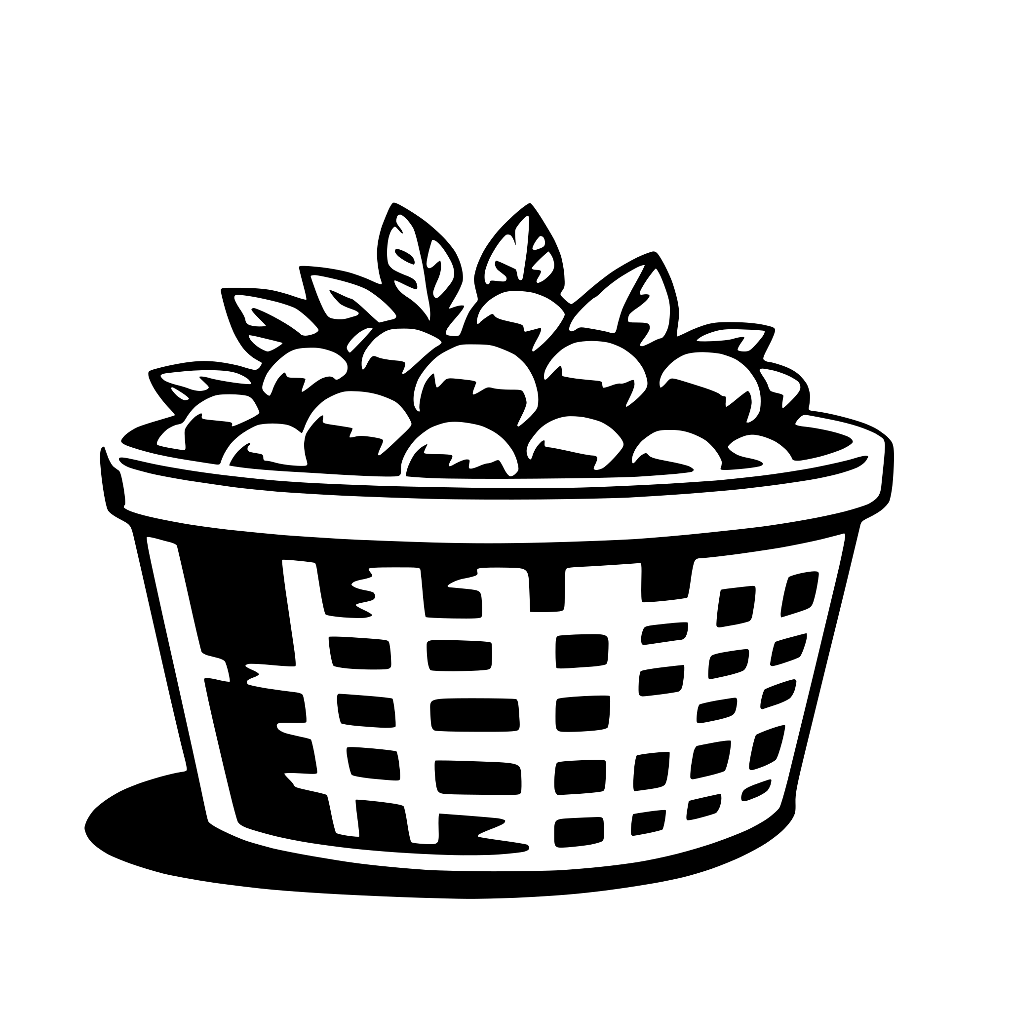 The SVG shows a simple line drawing of a basket filled with what appears to be leaves or small plants. The basket has a handle on one side and is placed on a flat surface. The leaves or plants are depicted with a few lines to suggest their shape and texture. The SVG is minimalistic and does not contain any text or additional elements. The style is flat with no shading or depth, which is typical for vector graphics. 