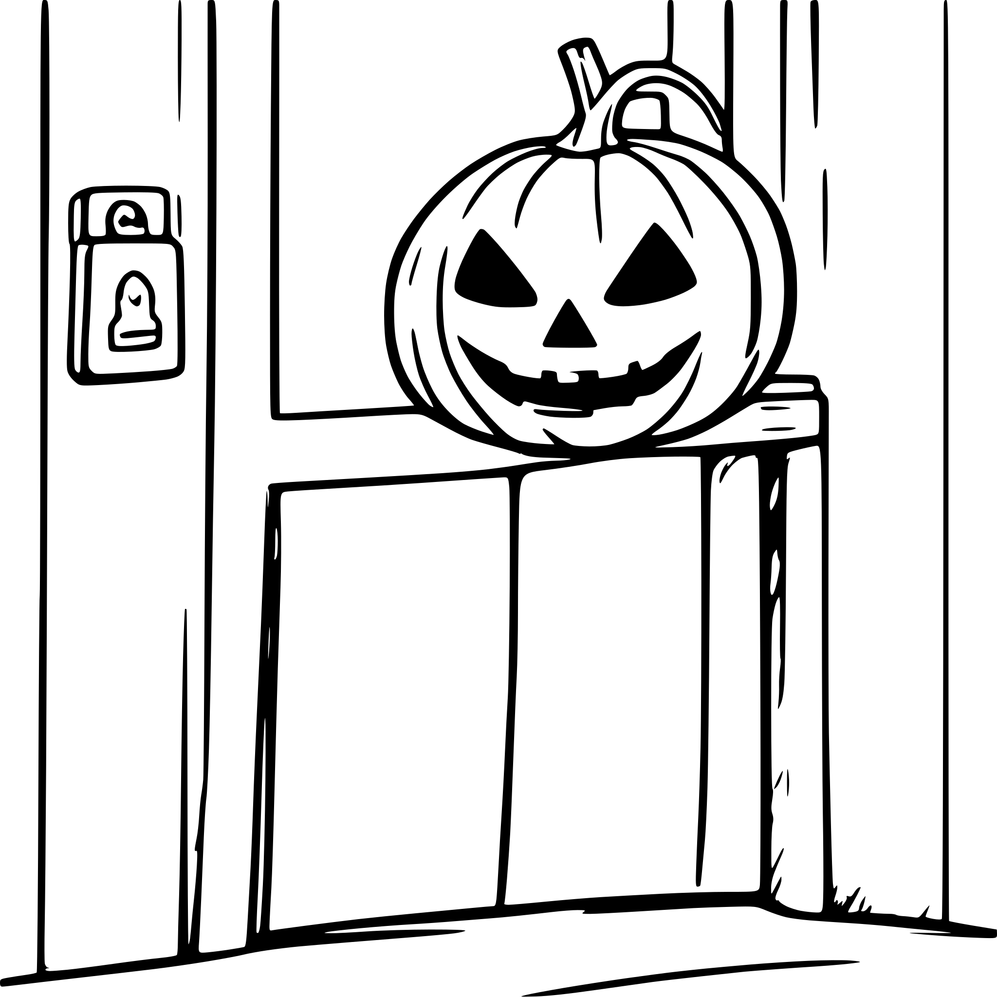 AI-generated SVG of a Carved Halloween pumpkin with a spooky face on two legs, standing at a door, ringing the bell and asking for sweets on Halloween night.