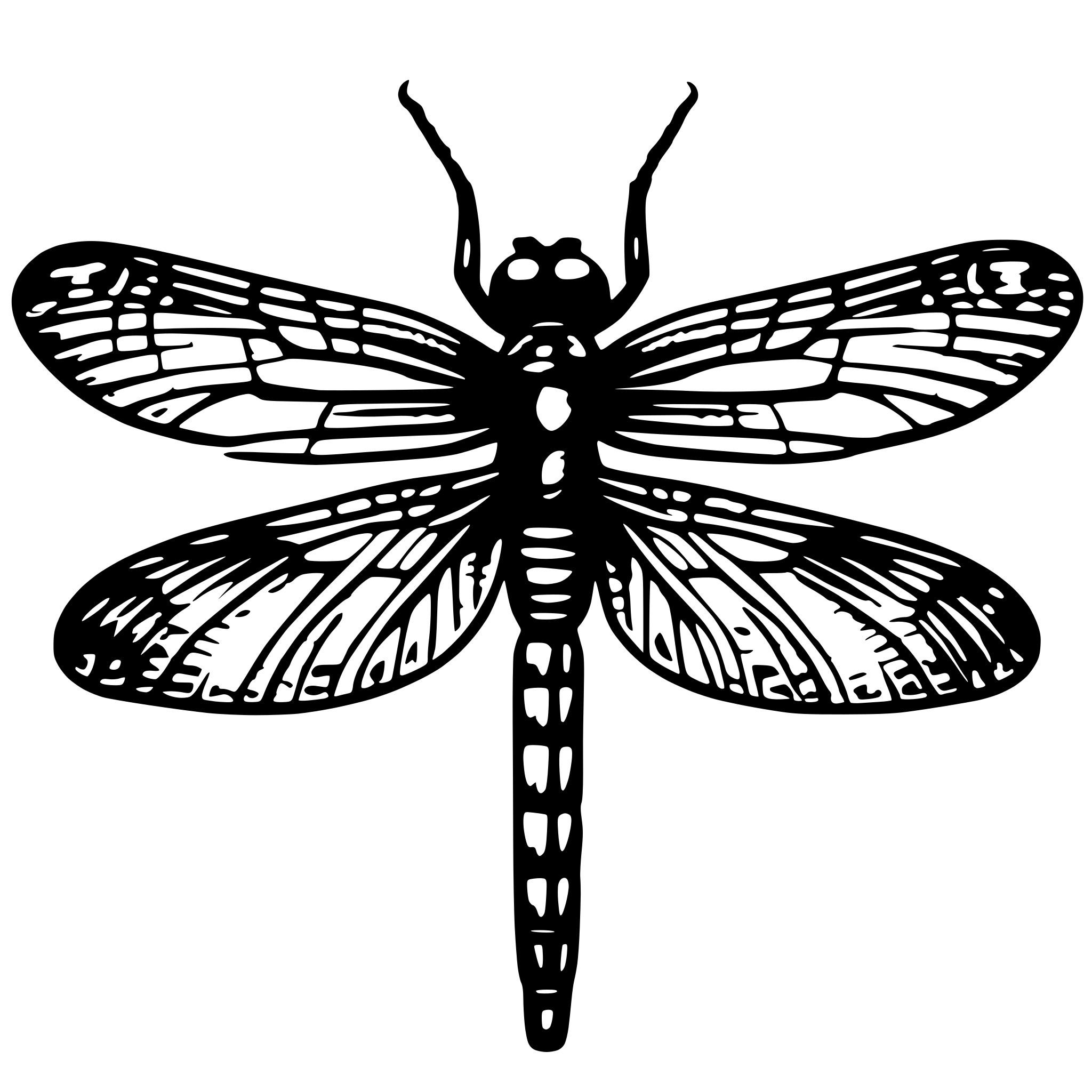AI-generated SVG of a top view of a big schematic dragonfly. its wings must be same size than its body. natural proportions are essential