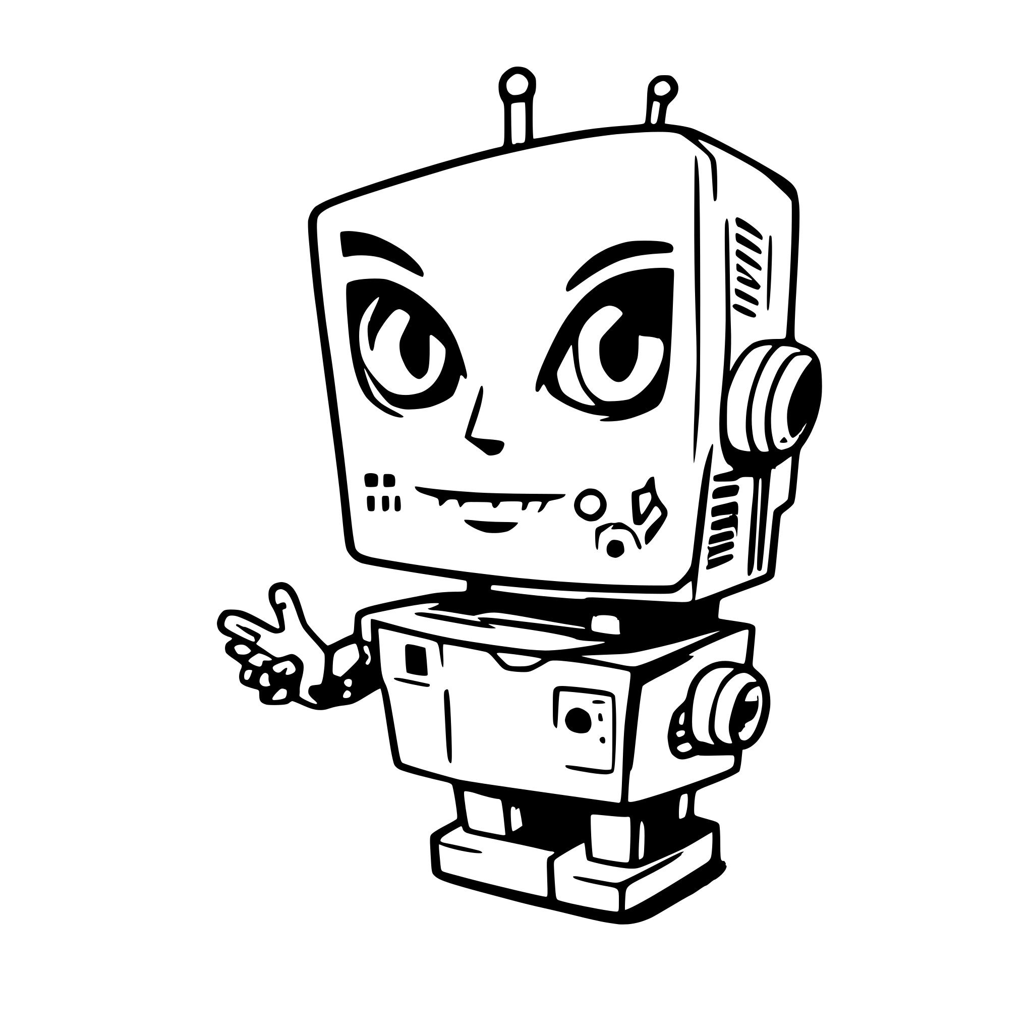 AI-generated SVG of a a stylized robotic or animatronic character with a blend of eerie and cartoonish elements. The character has a CRT monitor for a head, displaying an angry, glitchy face with neon green eyes and red pupils, exaggerated eyebrows, and a gritted mouth, giving it an unsettling expression.  The character's body is humanoid with long, segmented limbs that resemble an animatronic or puppet-like structure. The arms are grayish, fading into black at the hands, while the legs follow a similar pattern, with