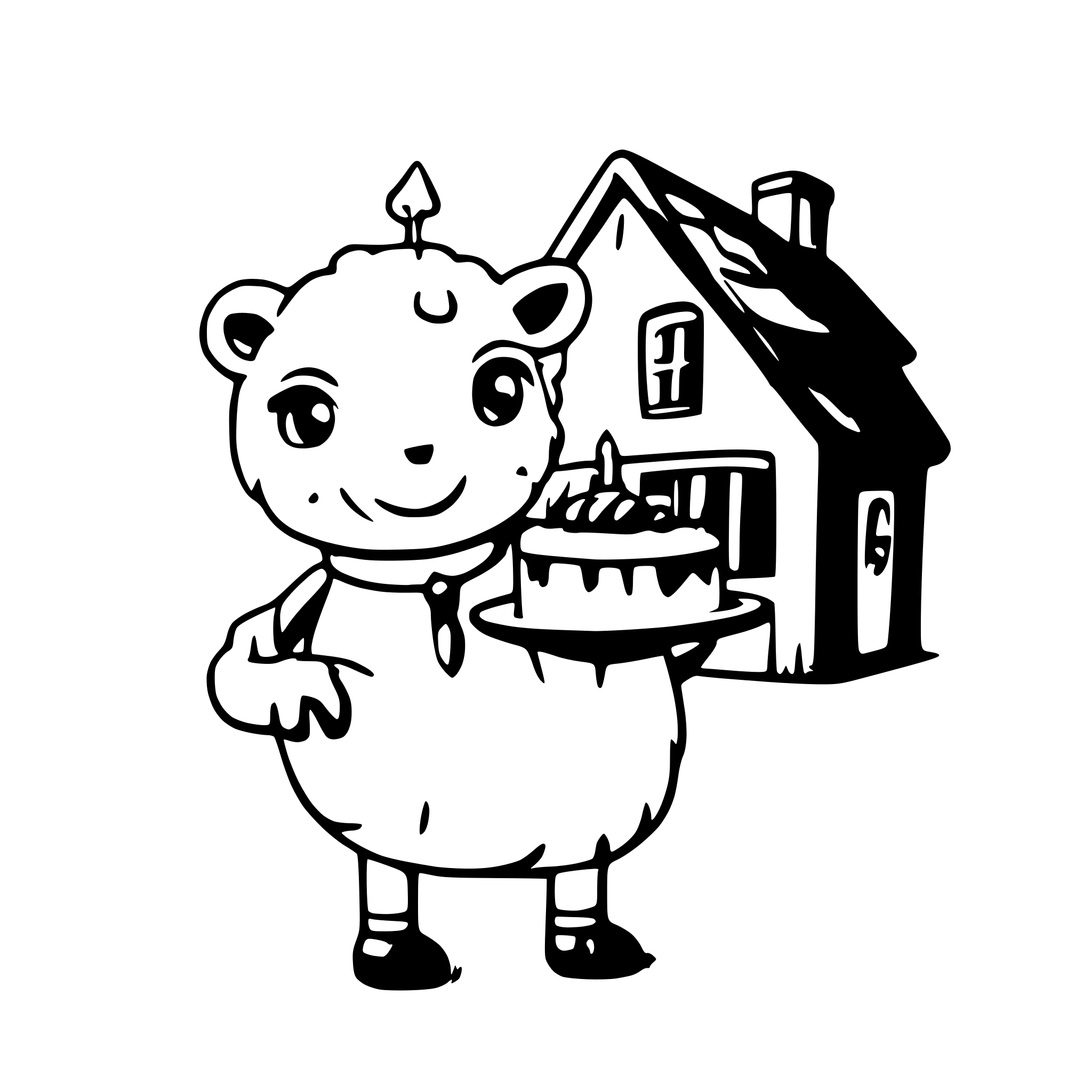 AI-generated SVG of a a cute sheep celebrating holding a birthday cake in front of a small house