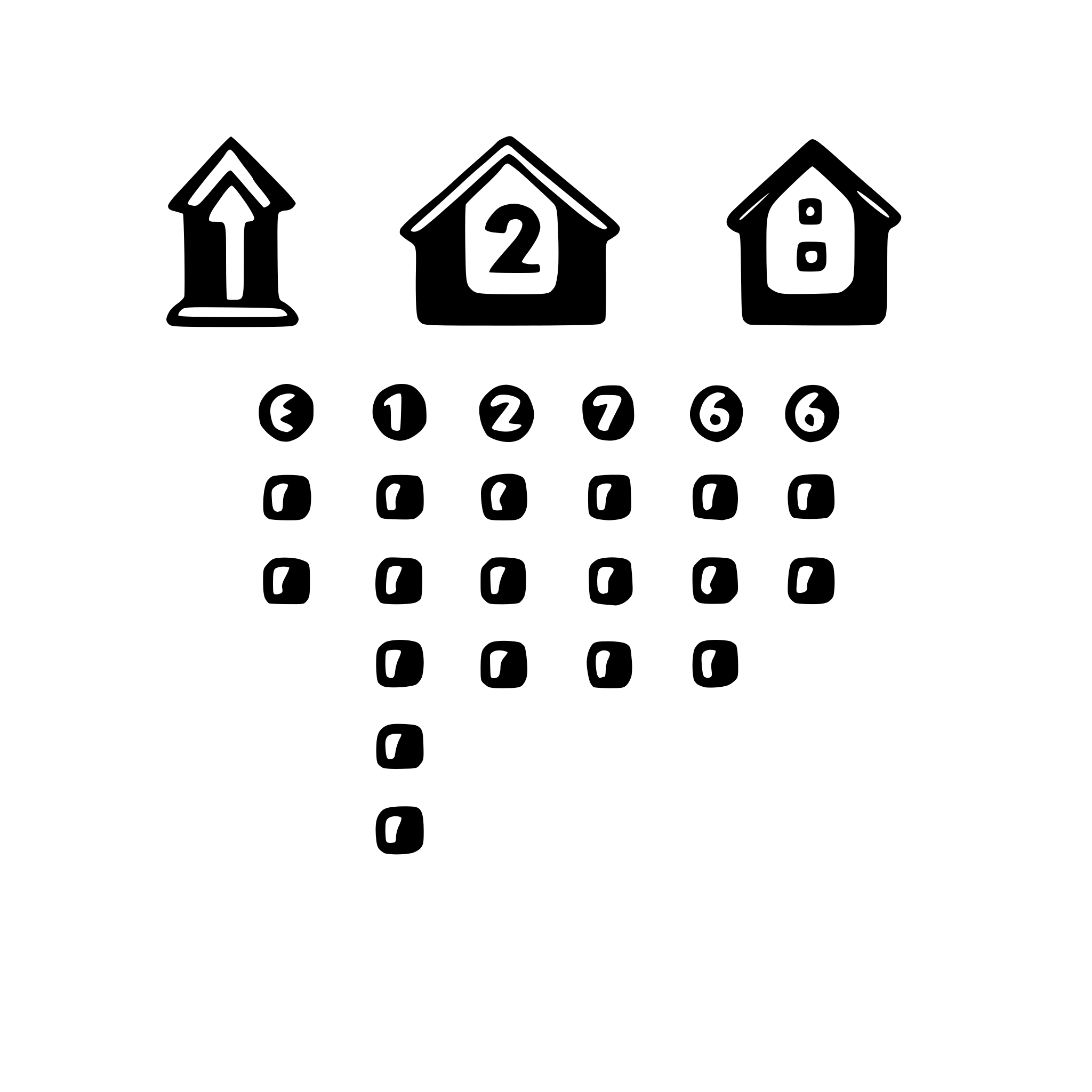 The SVG shows a series of icons arranged in a grid pattern. Each icon consists of a house symbol with a number above it, indicating a quantity or price. The houses are depicted in a simplified, cartoon-like style, with a roof and a door, and they are colored in black. The numbers above the houses are also in black and are arranged in a descending order from left to right. The overall style of the SVG is minimalistic and appears to be a design for a user interface, possibly for a real estate or property listing application. 