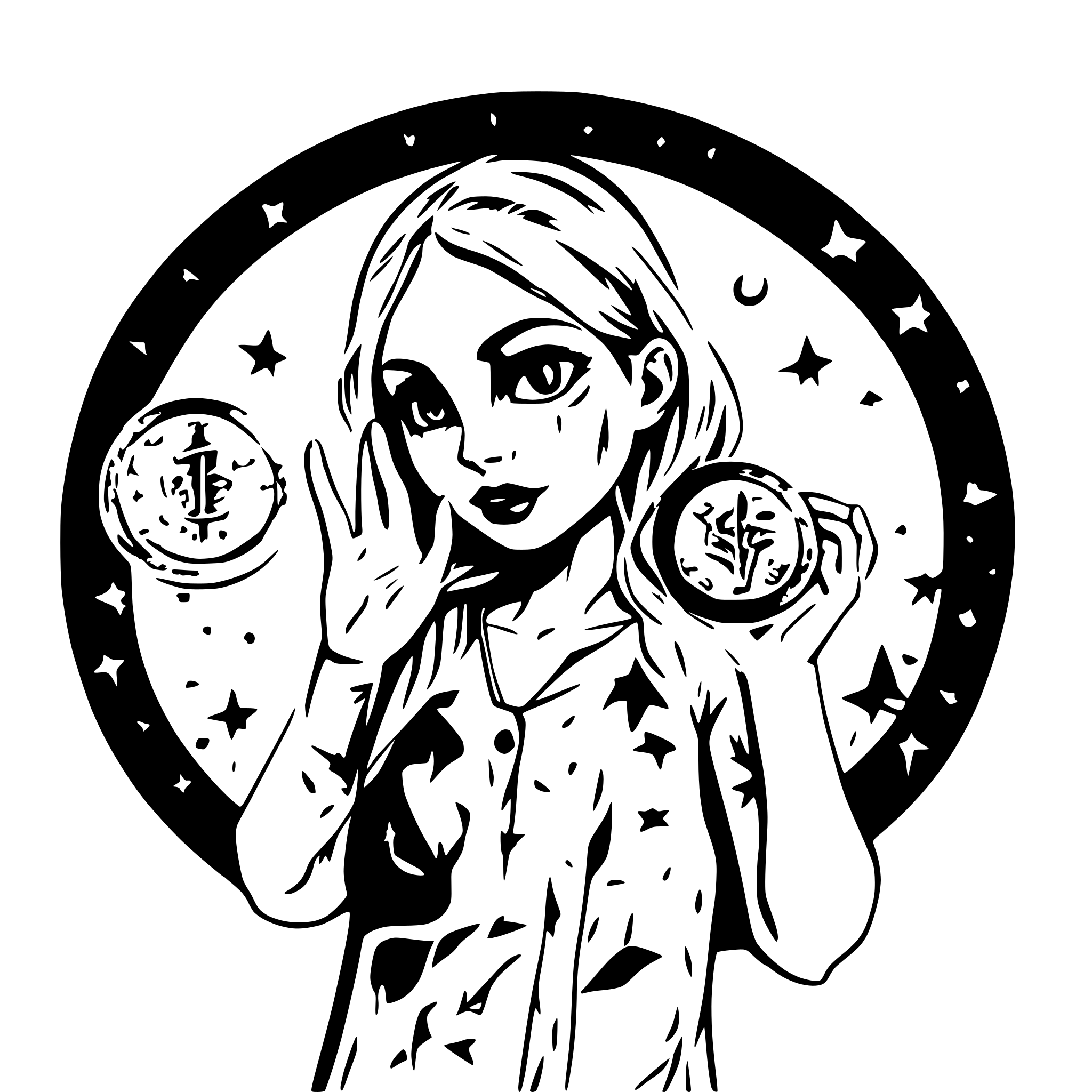 AI-generated SVG of a zombie girl with marking on her face holding up two fingers in the air. Whole picture is encircled in a circle representing a monetary coin with stars and moon.