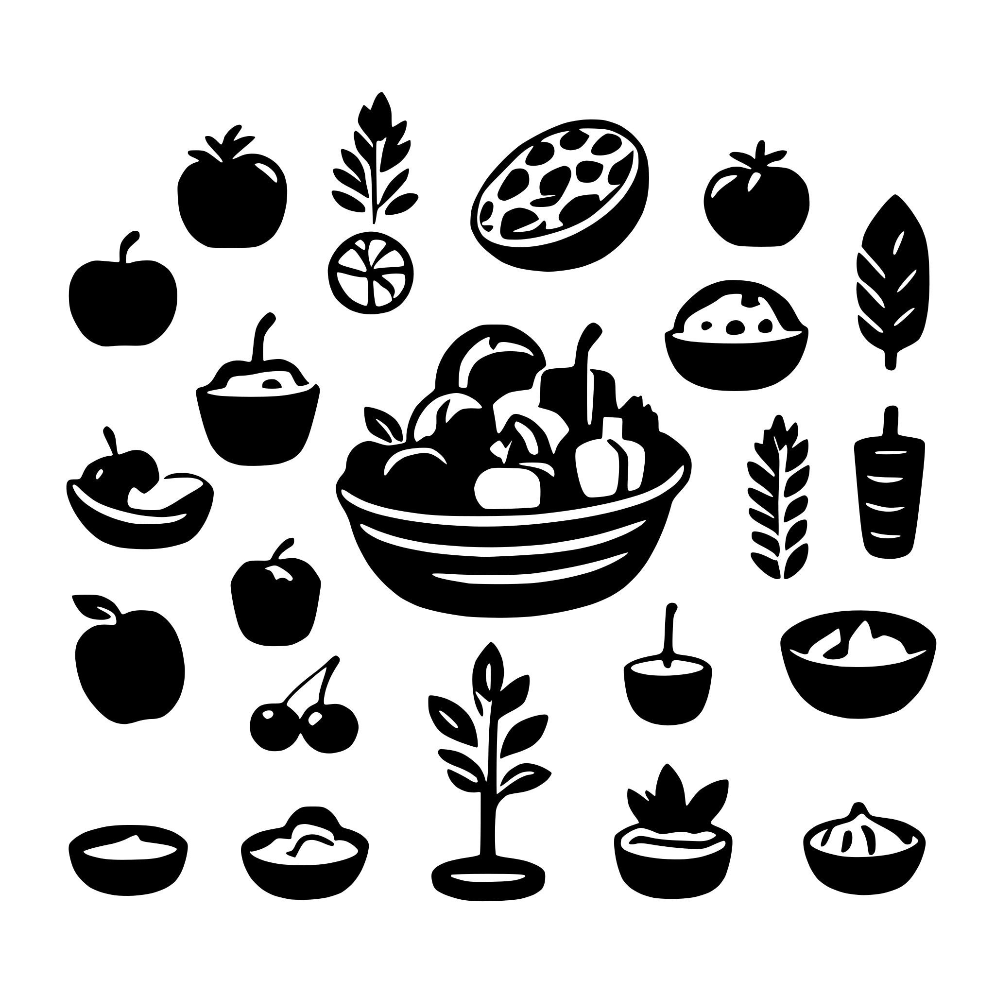 AI-generated SVG of a create a set of 30 silhouettes of foods using just the basic outer shape with no internal lines, hightlights or textures