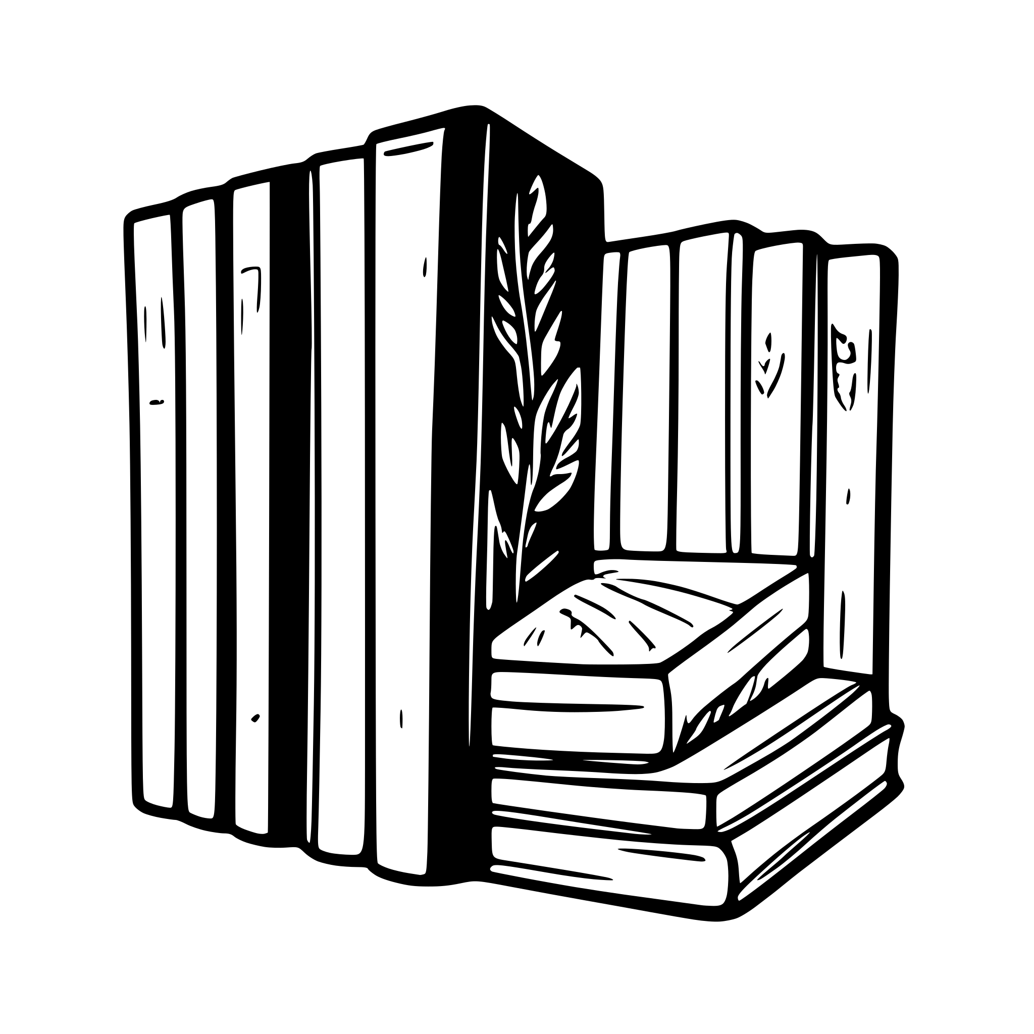 AI-generated SVG of a a stack of seven books with their spine visible and slightly rotated. the spine must be empty.