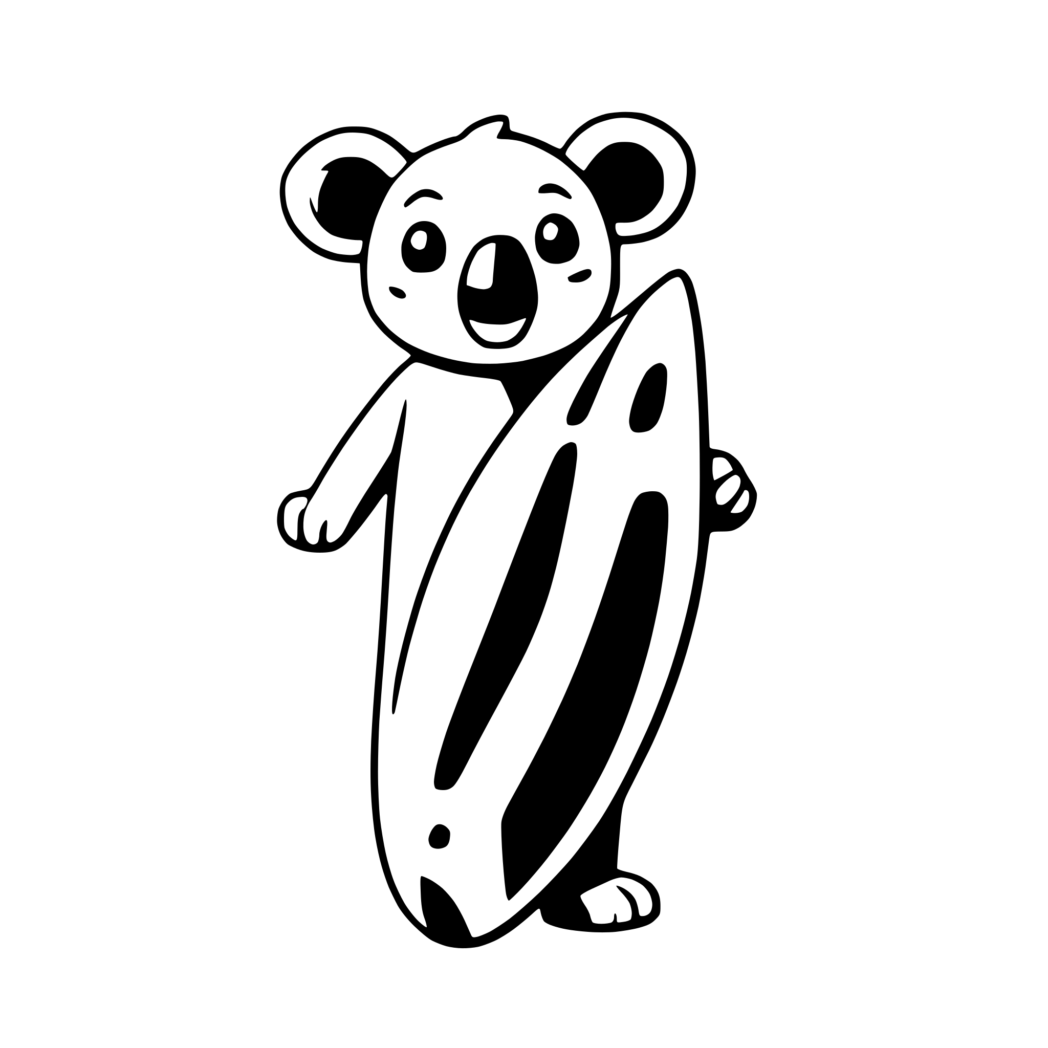 AI-generated SVG of a a cheerful koala with a surfboard