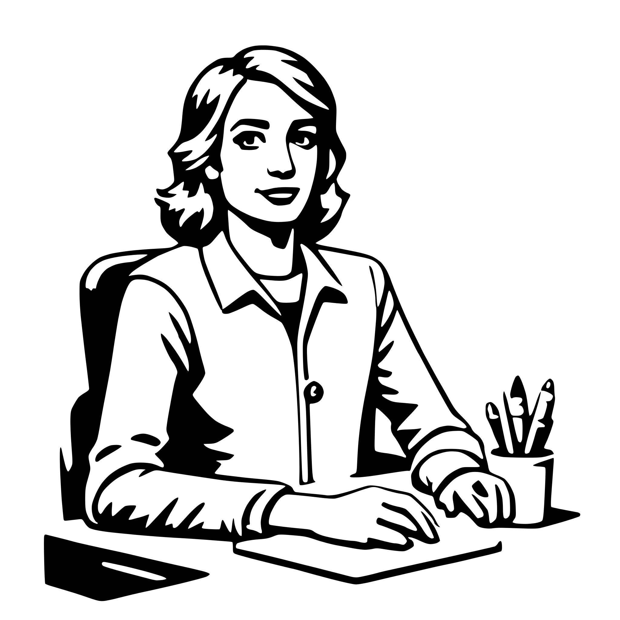 The SVG depicts a stylized illustration of a woman sitting at a desk. She is wearing a collared shirt with a buttoned front and has short hair. The woman is holding a pen in her right hand, which is resting on a notepad. In front of her, there is a clipboard with a piece of paper on it. The background is plain and does not contain any additional details. The woman appears to be engaged in some form of work or study, as suggested by her posture and the presence of the pen and notepad. 