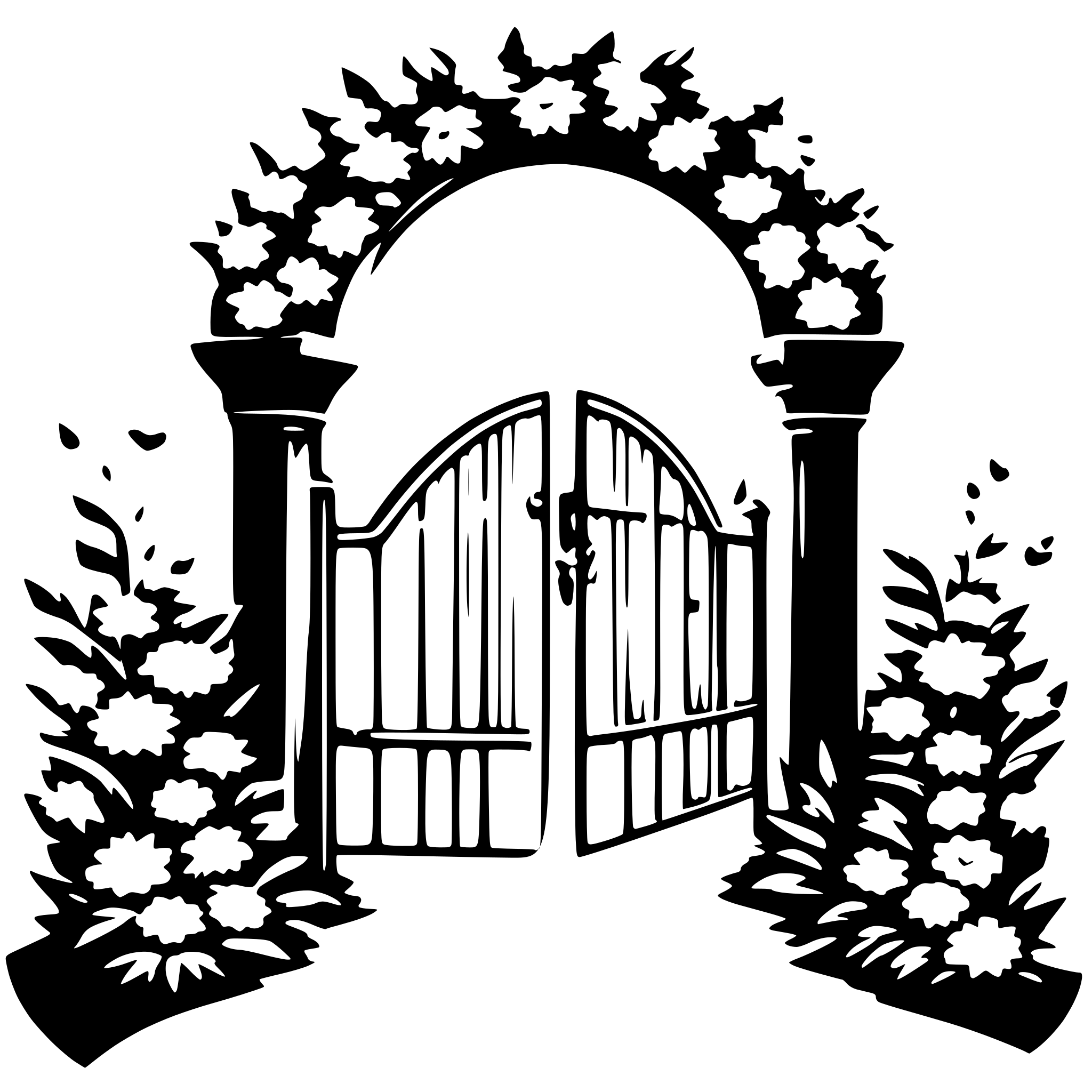 AI-generated SVG of a a romantic gate with flower wreaths