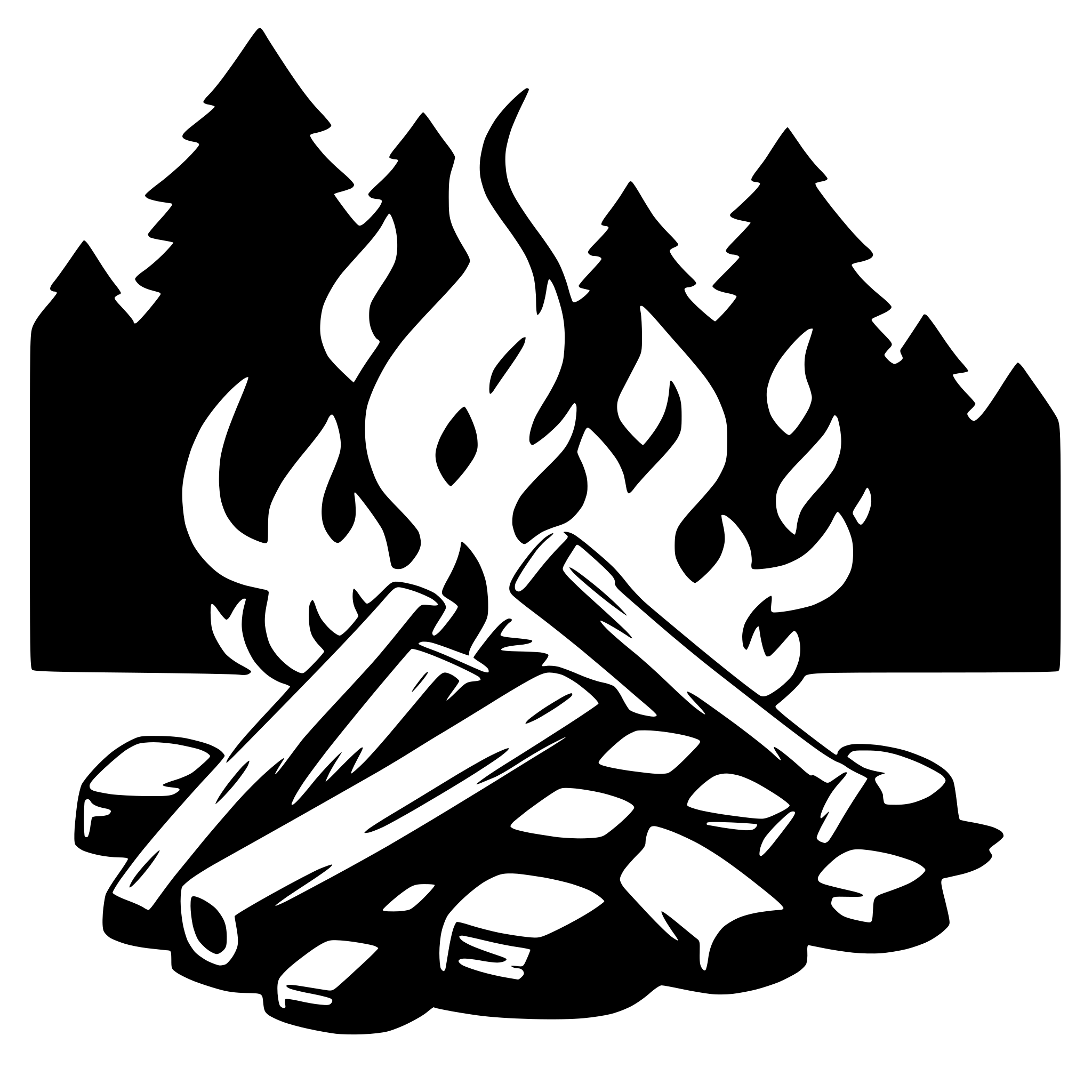The SVG depicts a campfire scene. At the center, there is a pile of firewood, which appears to be burning, as indicated by the flames and smoke rising from it. The firewood is arranged in a somewhat haphazard manner, with some pieces stacked on top of others. Surrounding the firewood is a silhouette of a forest, with trees and a hint of a forest floor. The trees are depicted in a simplified, stylized manner, with their trunks and branches outlined against the background. The overall style of the SVG is minimalistic and uses negative space to create the silhouette of the forest. The SVG does not contain any text or additional elements. 