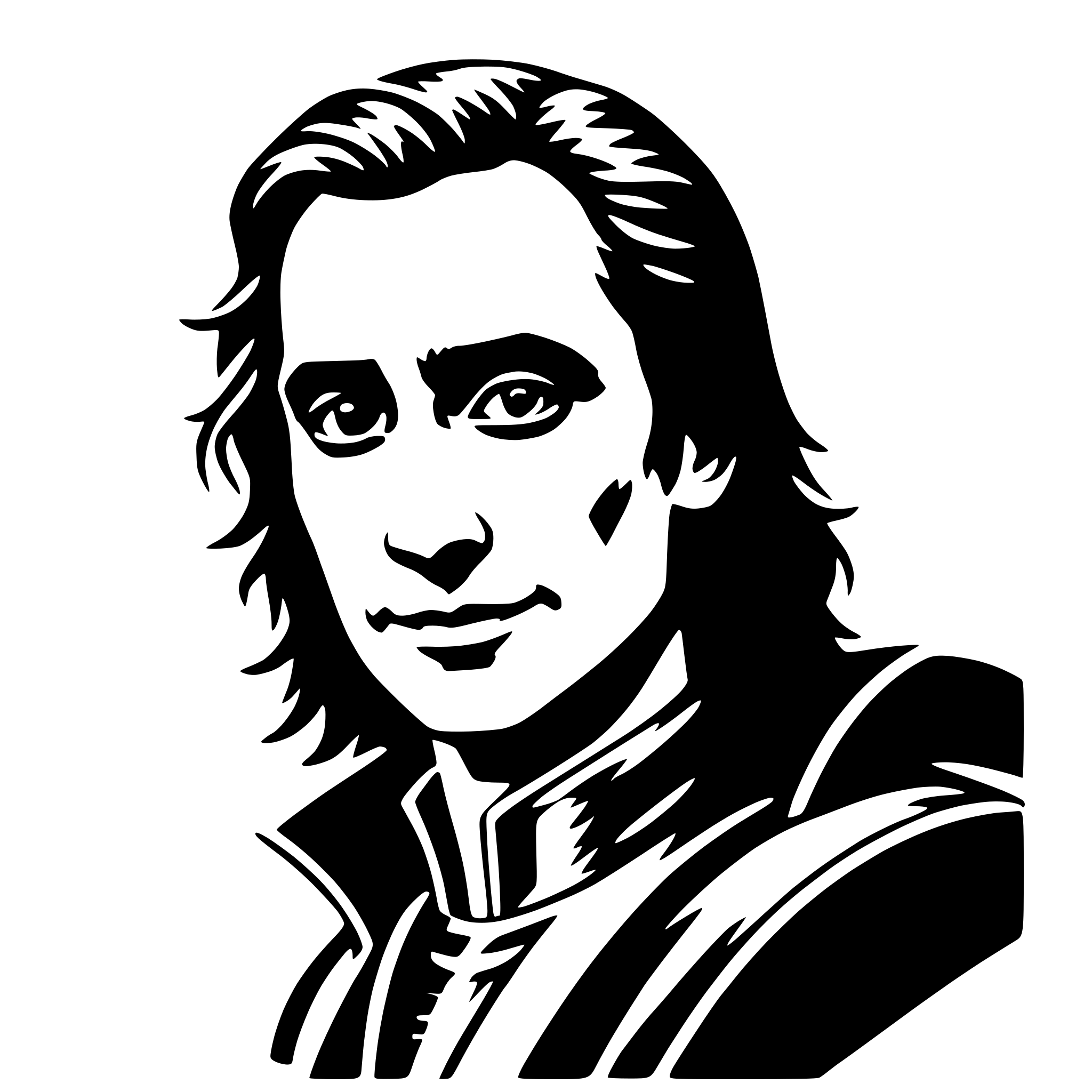 The SVG is a black and white vector illustration of a person's head and shoulders. The person has long hair and a beard, and is wearing what appears to be a dark garment with a collar. The individual is depicted with a slight smile and is looking directly at the viewer. The style is simplistic and stylized, with clean lines and minimal shading. 